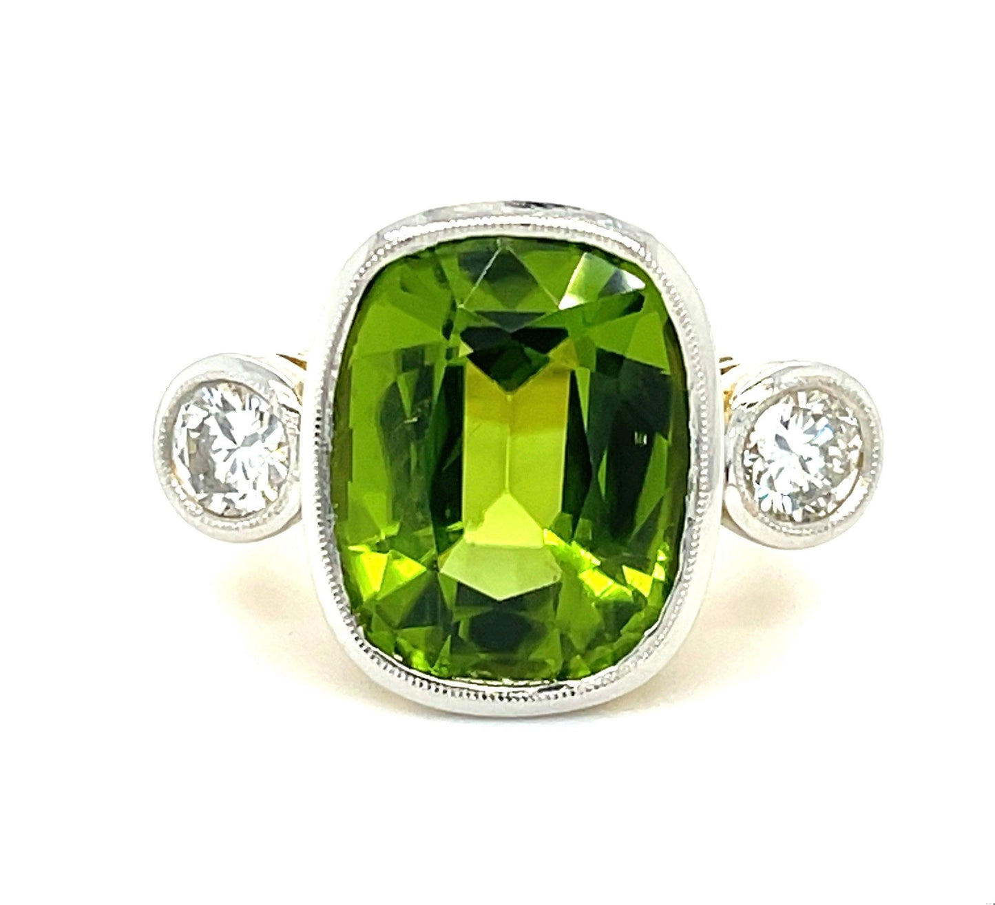 9.58ct Burma Peridot .63ct Diamond Platinum over 14KY Ring 10.10gr 6.50 Size