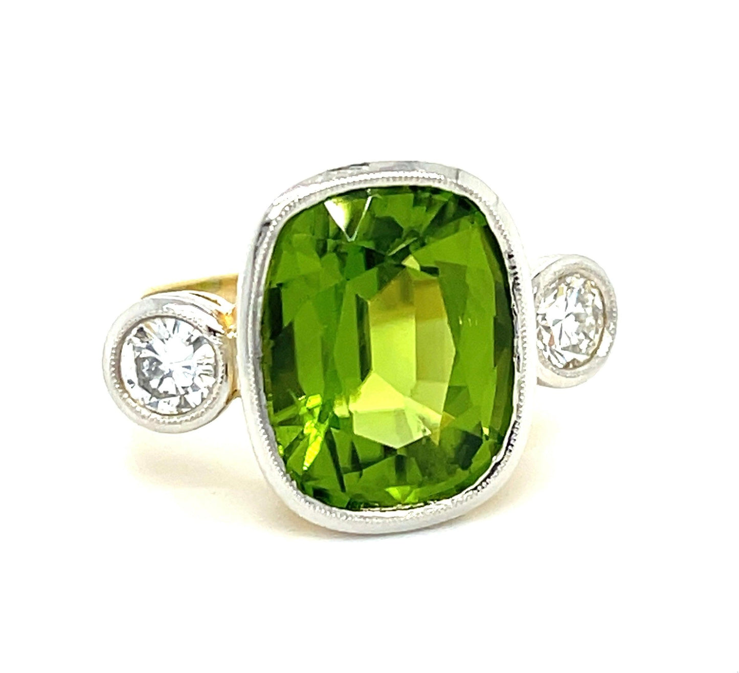 9.58ct Burma Peridot .63ct Diamond Platinum over 14KY Ring 10.10gr 6.50 Size