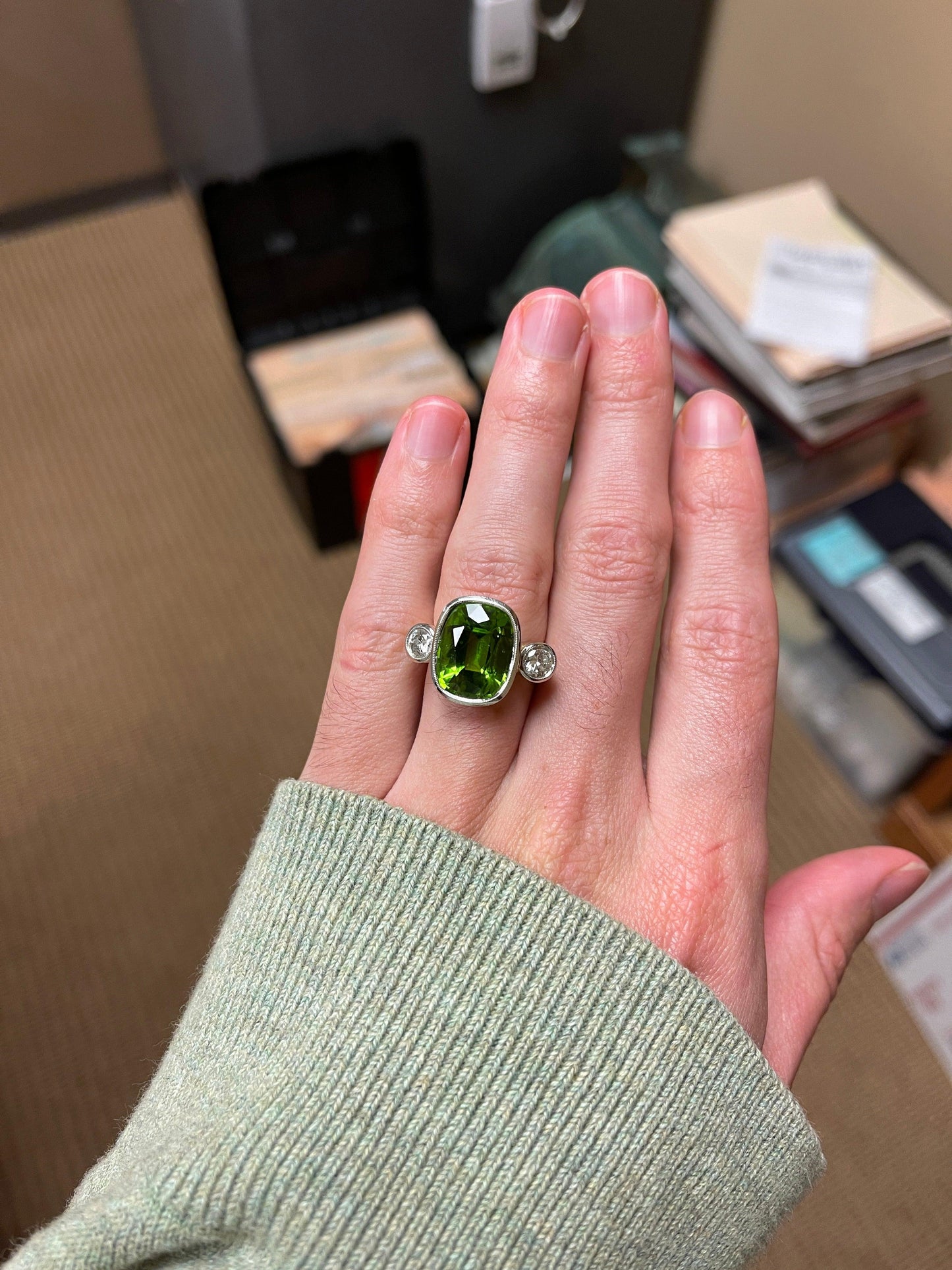 9.58ct Burma Peridot .63ct Diamond Platinum over 14KY Ring 10.10gr 6.50 Size