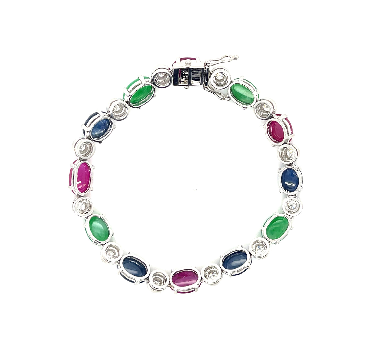 Cabochon Gemstone 18KW Vintage Bracelet (Circa 1960s) 12ct Ruby 12ct Sapphire 9ct Jade .76ct Diamond