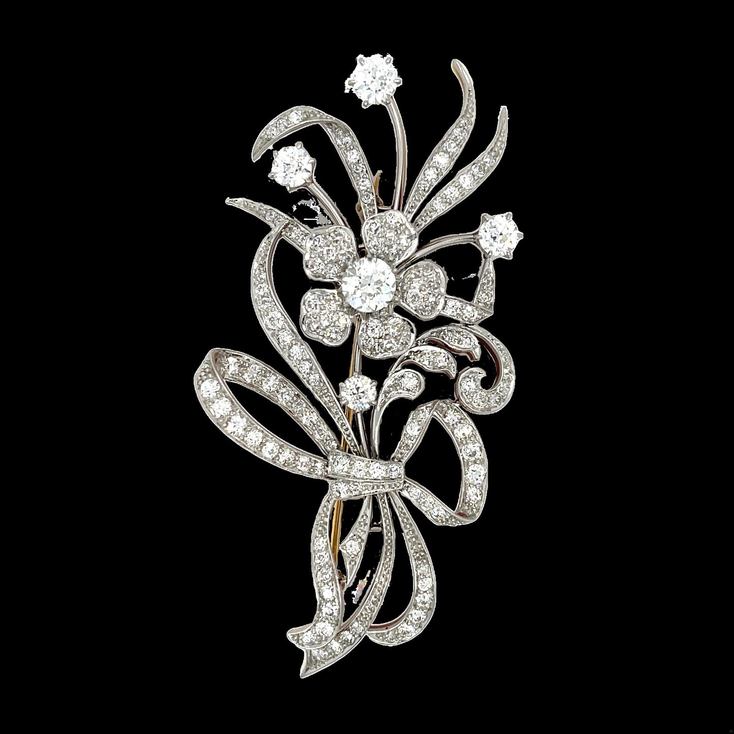 Edwardian Flower Antique Brooch 1910s PT+ 18KY GIA .95ct Old Euro Dia 5.50ct SD