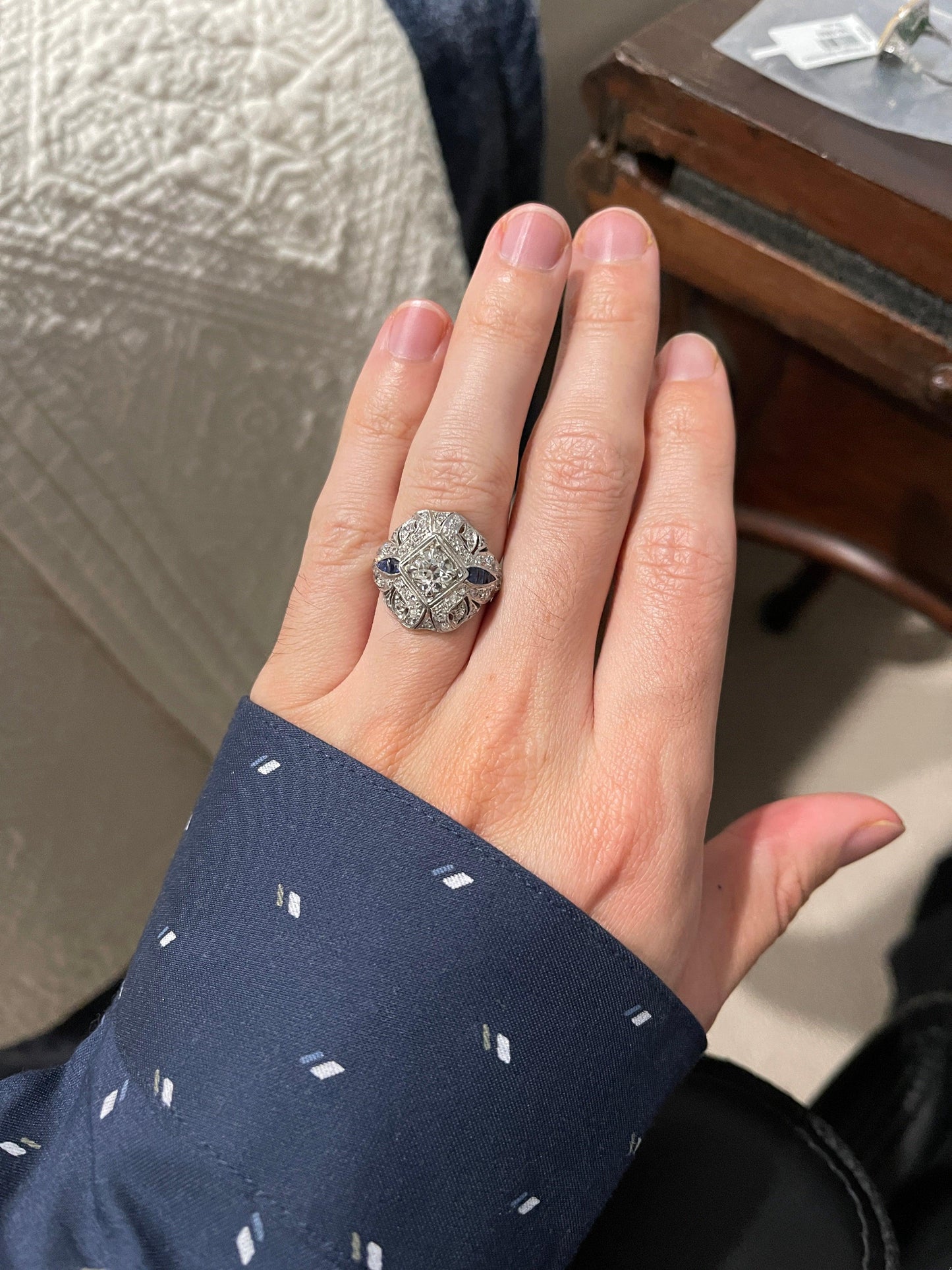 .95ct GIA K VS2 Old European Cut Center Diamond 1.45ct Side Diamonds Platinum An