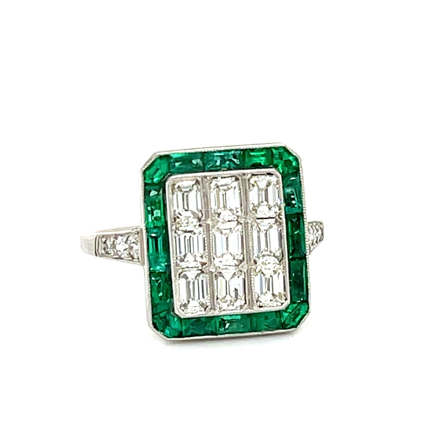 1.10ct Emerald Cut Diamonds Handmade & Inspired Platinum Ring 1.30ct Calibre Emeralds