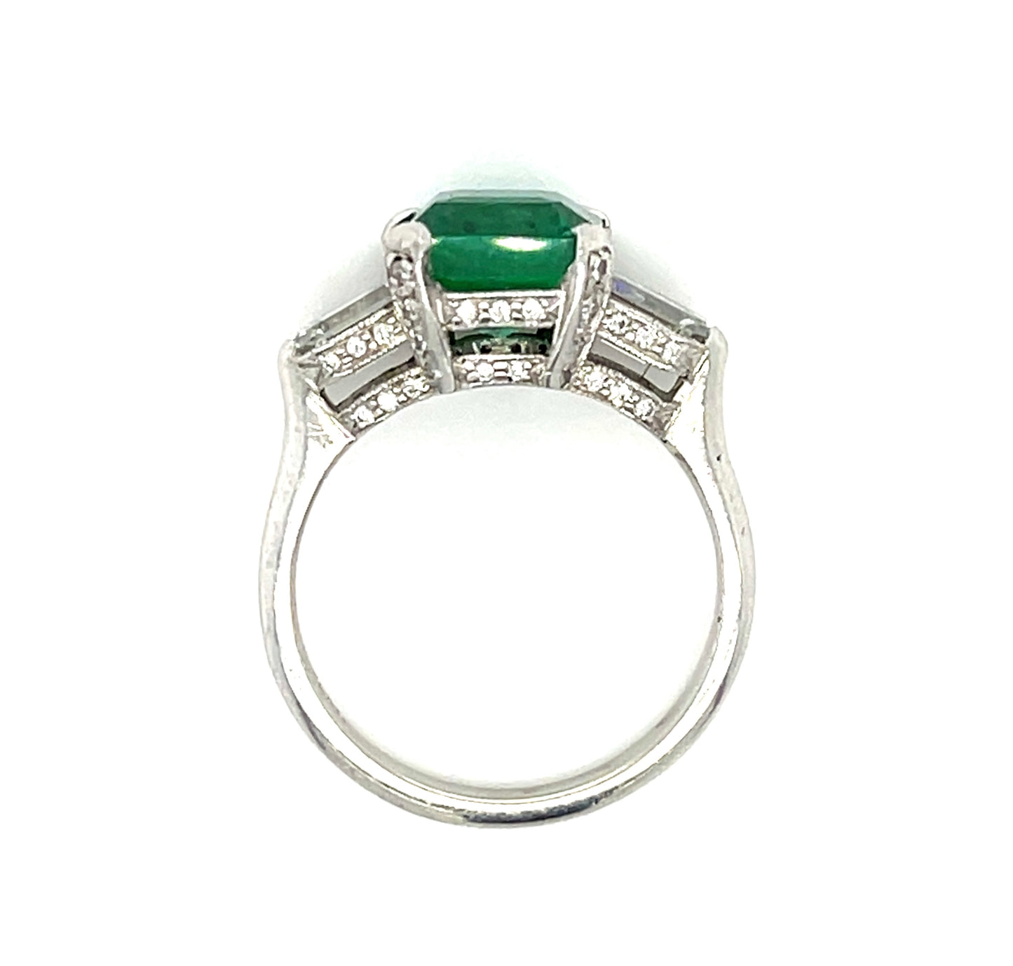 Art Deco 2.95ct Emerald Platinum Ring (Circa 1930s) .80ct Bullet Diamonds .34ct Side Diamonds