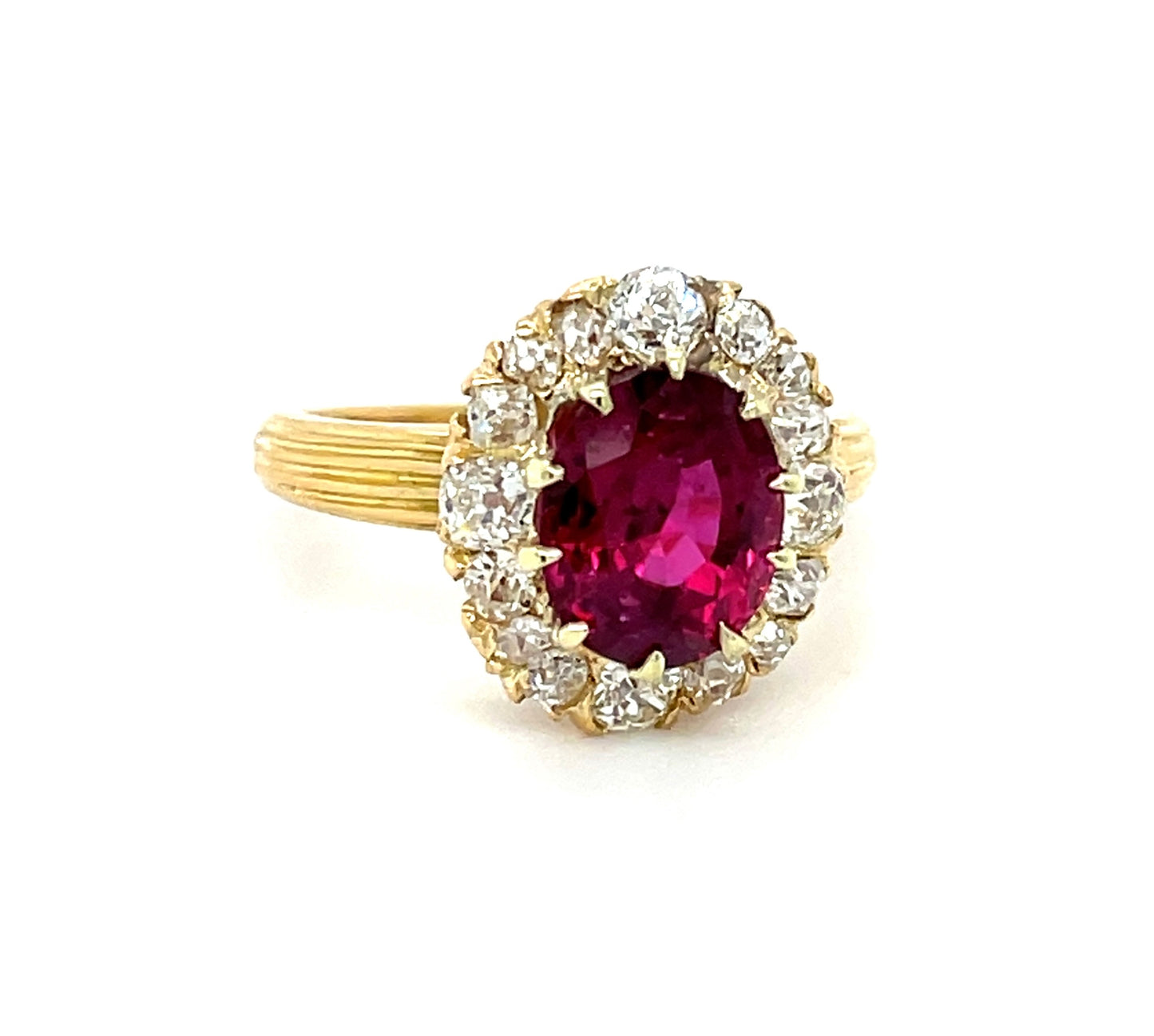 Victorian (Circa 1890s) 3.28ct GIA Thailand Heated Ruby 1ct Old Mine Cut Diamonds 18KY Antique Ring