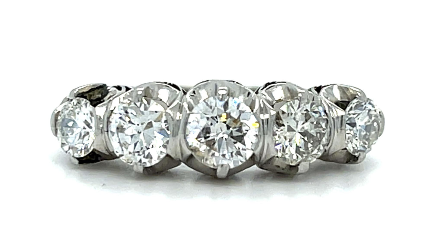 1.35ct Diamonds Platinum Handmade Five Stone Ring (Vintage 1940s) 4.60g