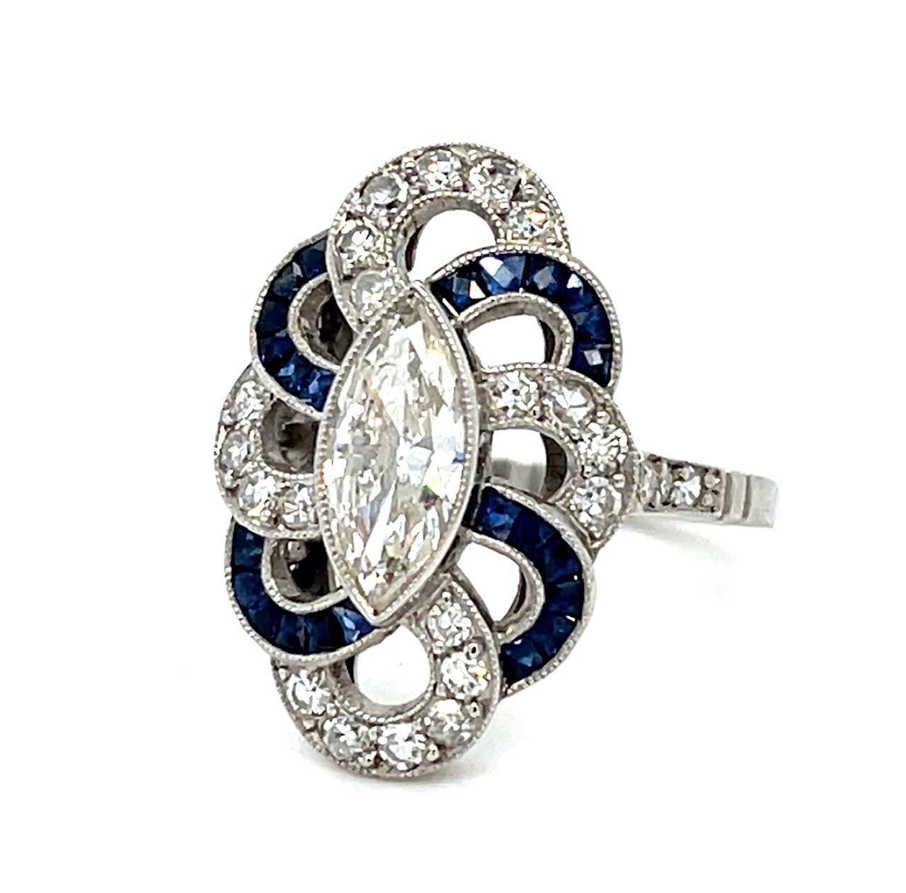 .72ct Marquise Diamond 1.30ct Sapphire Platinum Handmade Ring 1ct SD 6.20g 7.25
