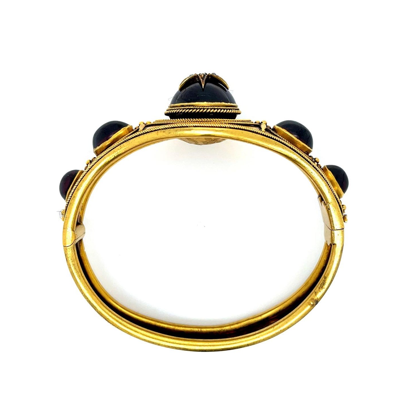 Victorian 27ct Carbuncle Garnet 14KY Antique Bangle Bracelet (c 1860s) .30ct Dia