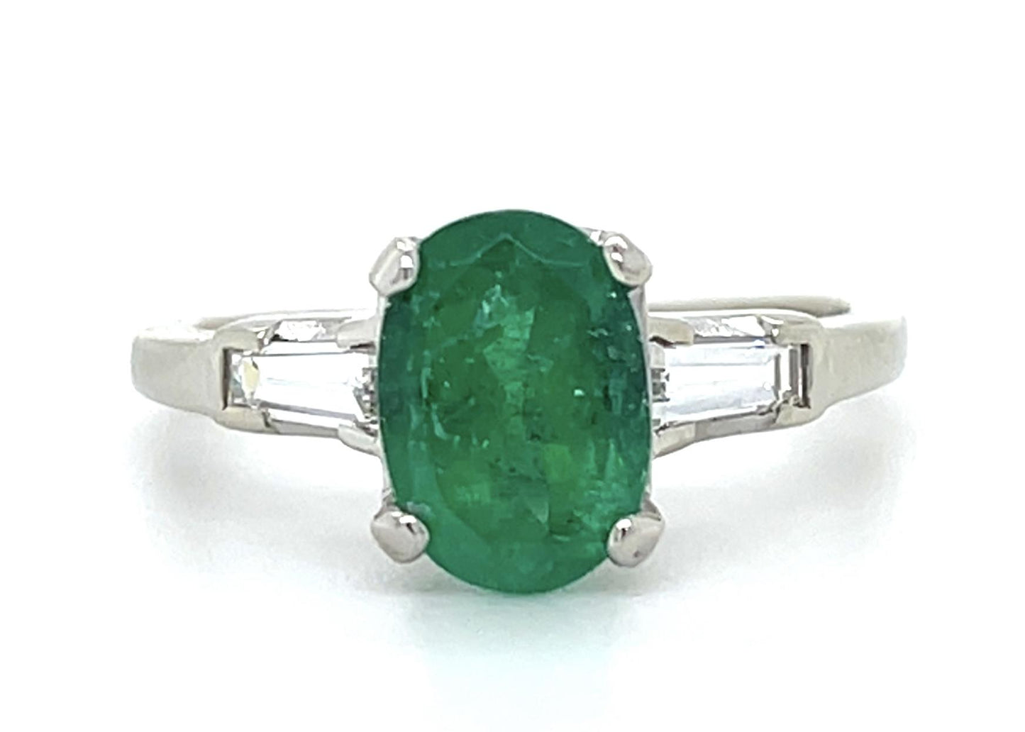 1.64ct Emerald .30ct Tapered Baguette 14KW Ring 3g 7 Size