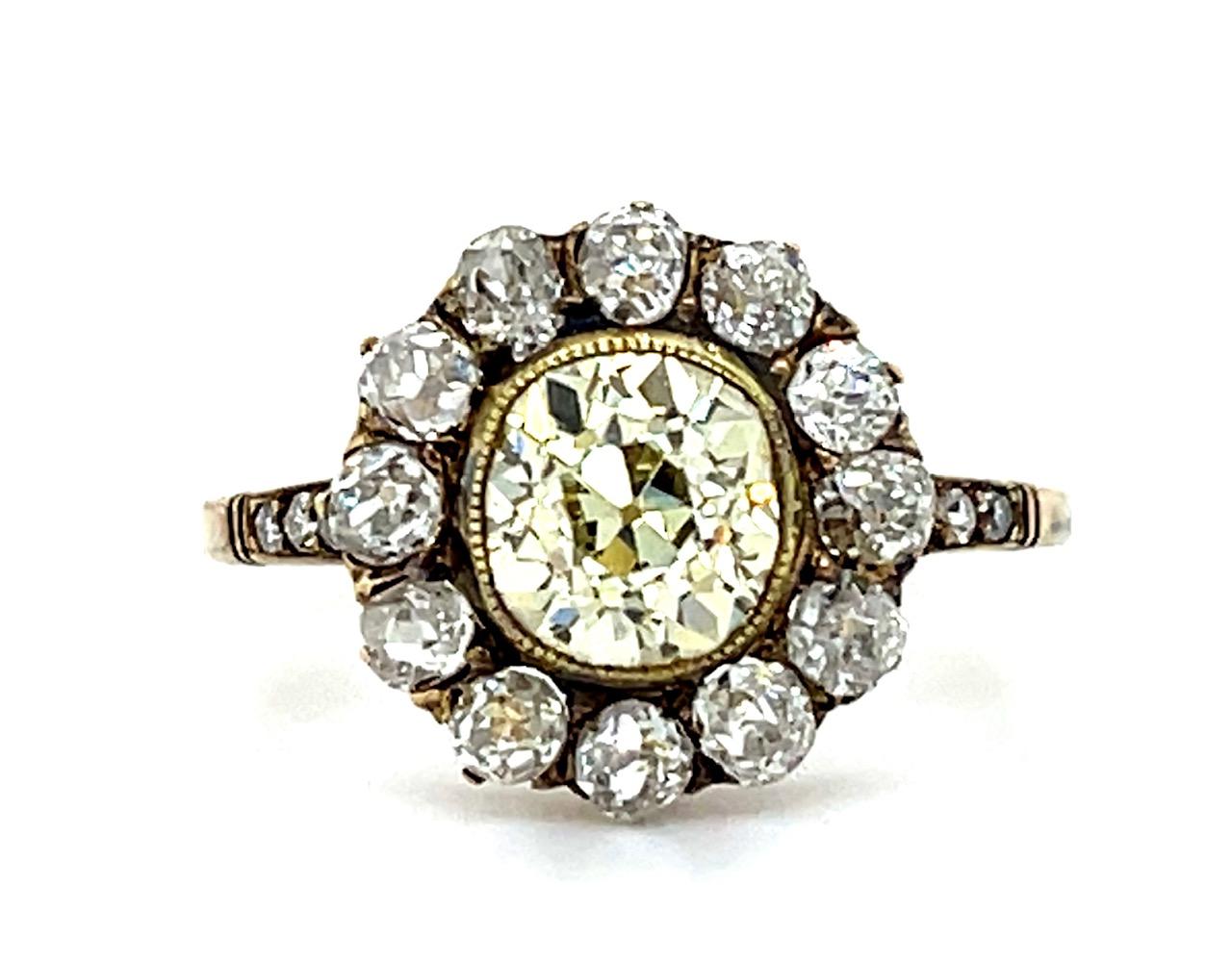 1.40ct Light Fancy Yellow Old European Cut Diamond 1.28ct SD 18KY Handmade Ring