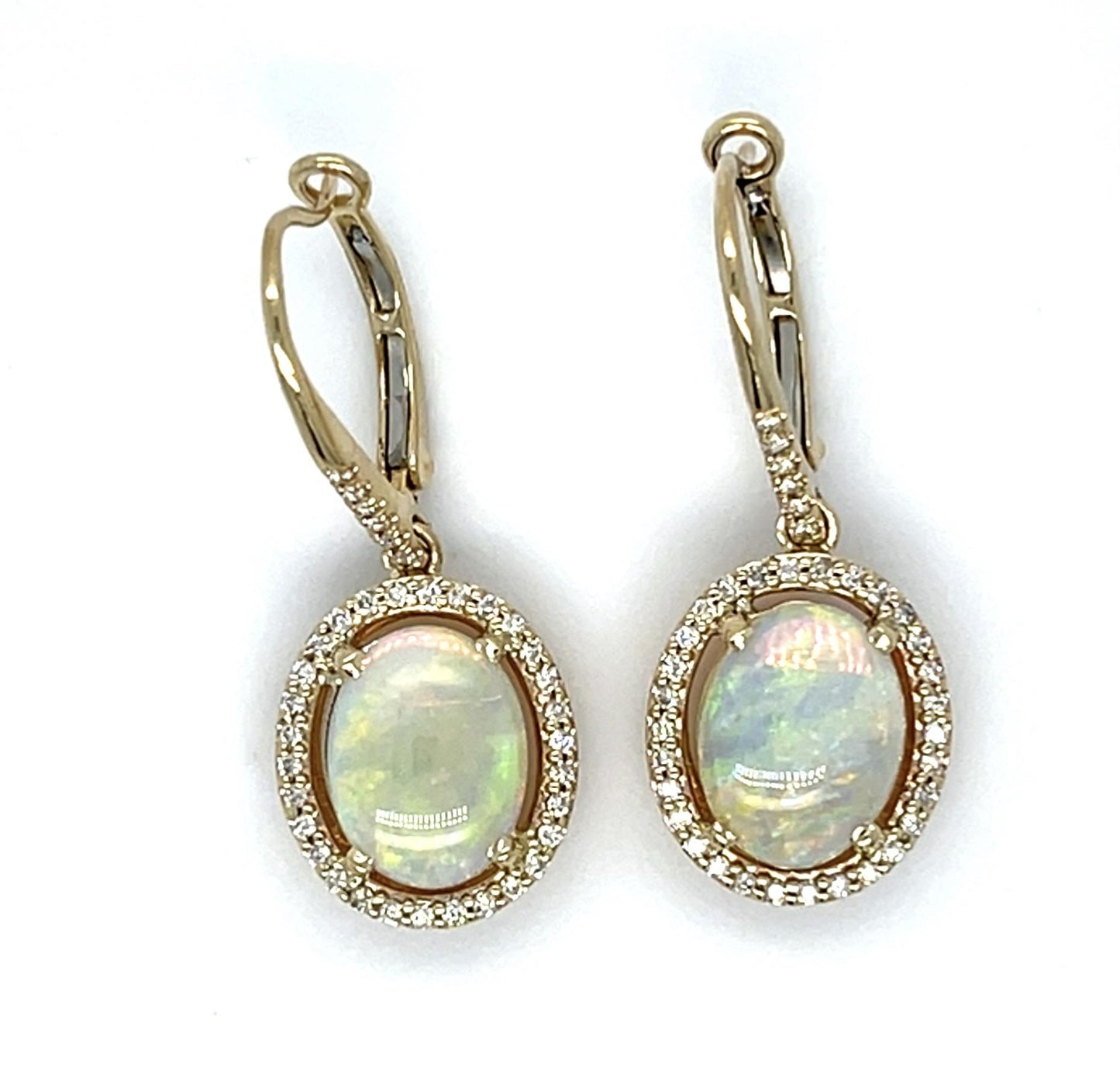 3.15ct Australian Crystal Opal 14KY Drop Earrings .28ct Diamonds