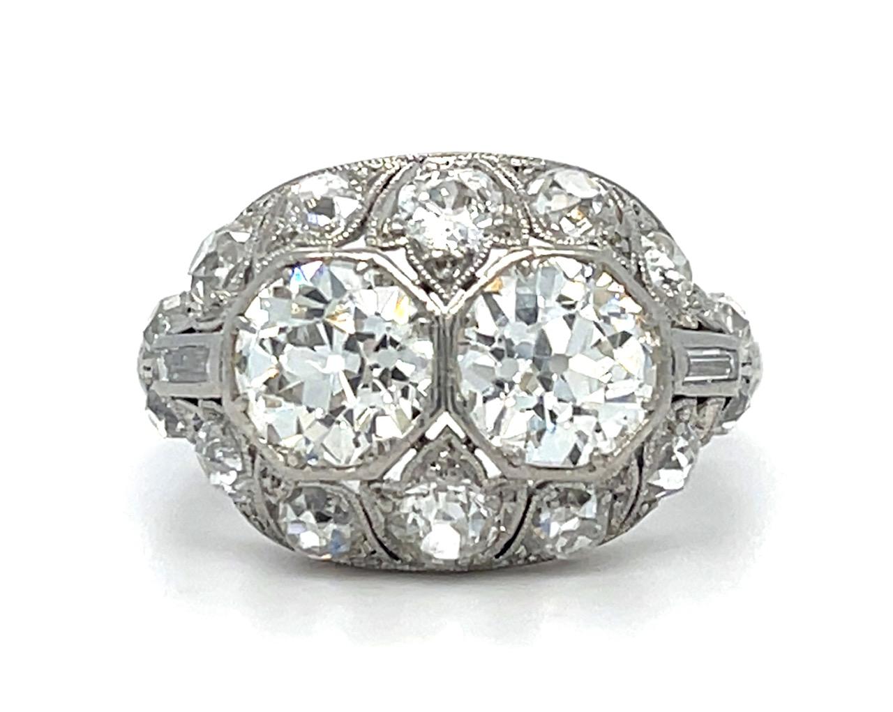 Art Deco 2.15ct (2 Euro Dia I-J VS-SI) Platinum Two Stone Ring (1920s) 1.55ct SD