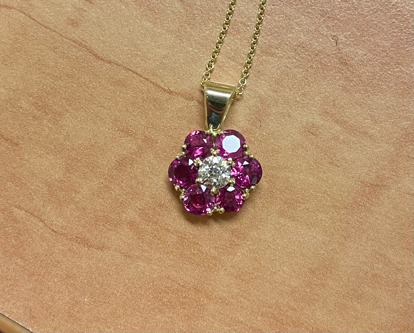 .58ct Old European Cut Center Diamond GIA I VS2 18KY Pendant 3.70ct Rubies