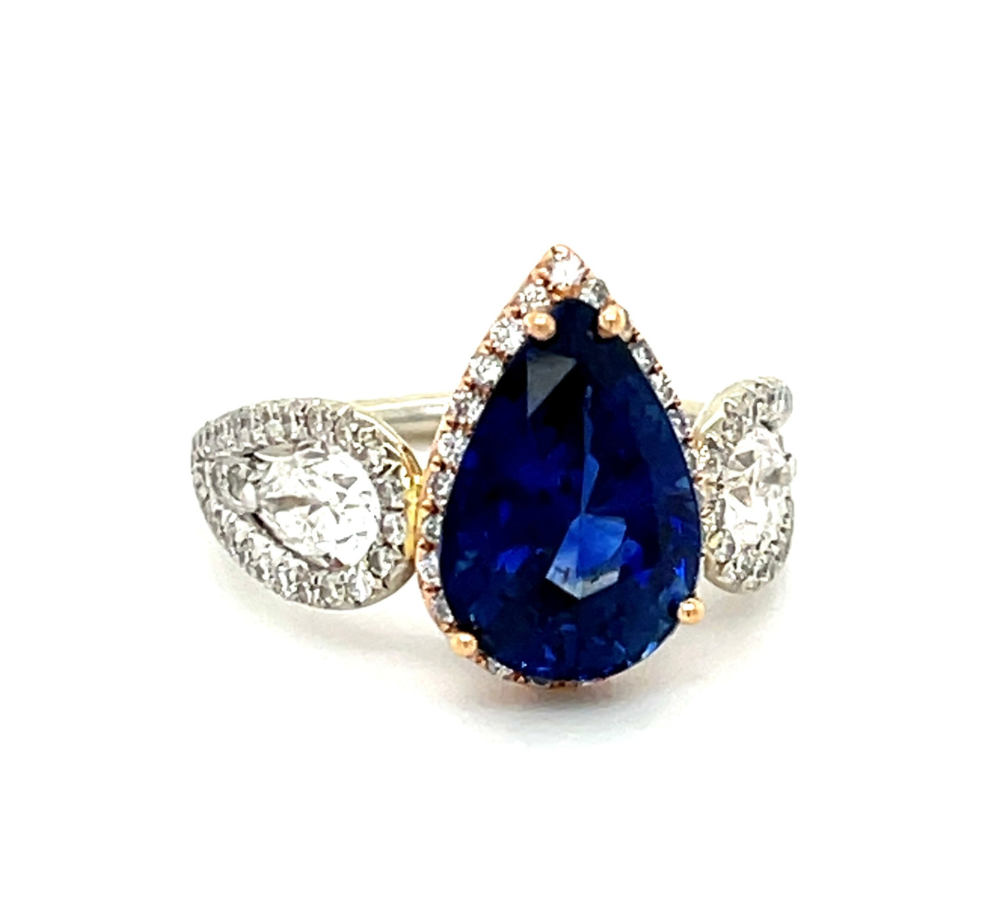 4.55ct Blue Sapphire Pear Shape 14KY Two Tone 1.30ct Diamonds Pear Shape and Round Brilliants