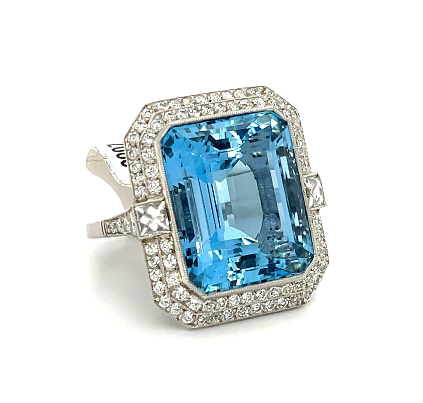 16.87ct Aquamarine Handmade Platinum Ring 1.11ct Old European Cut Diamonds .38ct French Cut Diamonds (Two Stones)