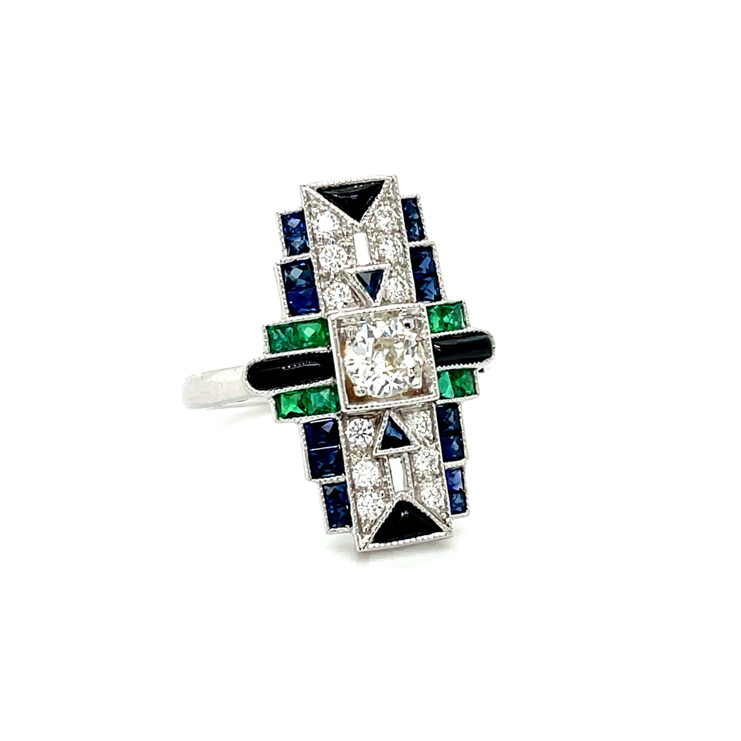 .39ct Old European Cut Center Diamond 1.30ct French Cut Sapphires .50ct French Cut Emeralds .22ct SD, Onyx 18KW Handmade Ring