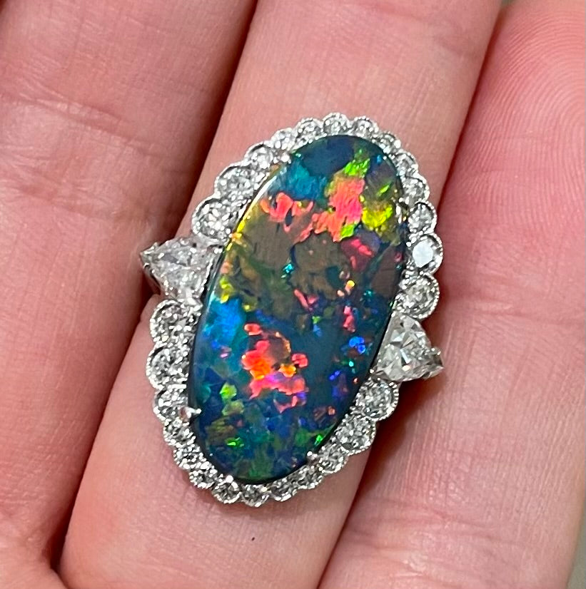 7.50ct Australian Lightning Ridge Opal Ring 1.65ct VS-SI Diamonds set in Platinum