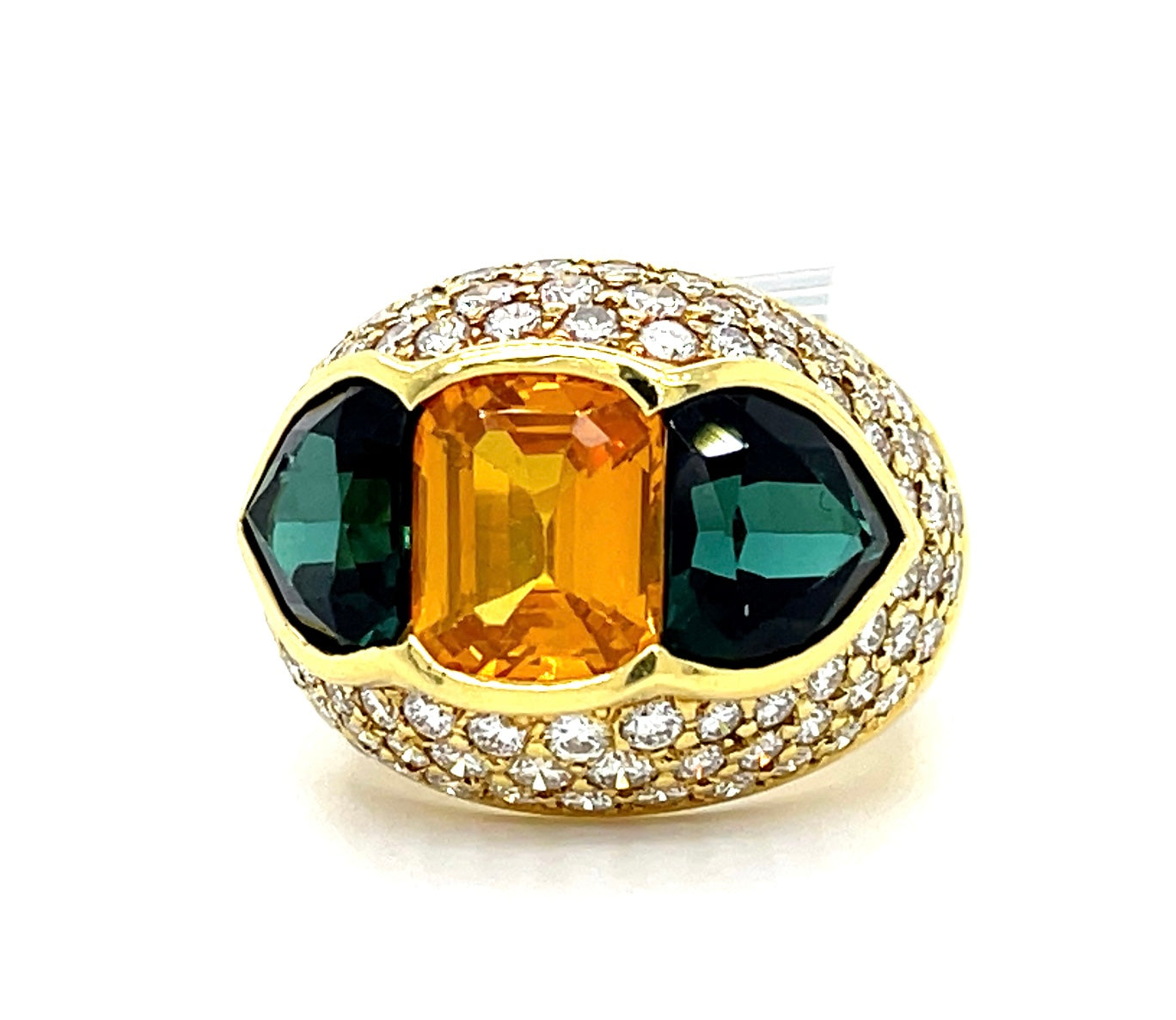 Three Stone Ring 4.50ct GIA Orangy Yellow Cushion Sapphire 7ct Green Tourmaline 2.70ct Diamond
