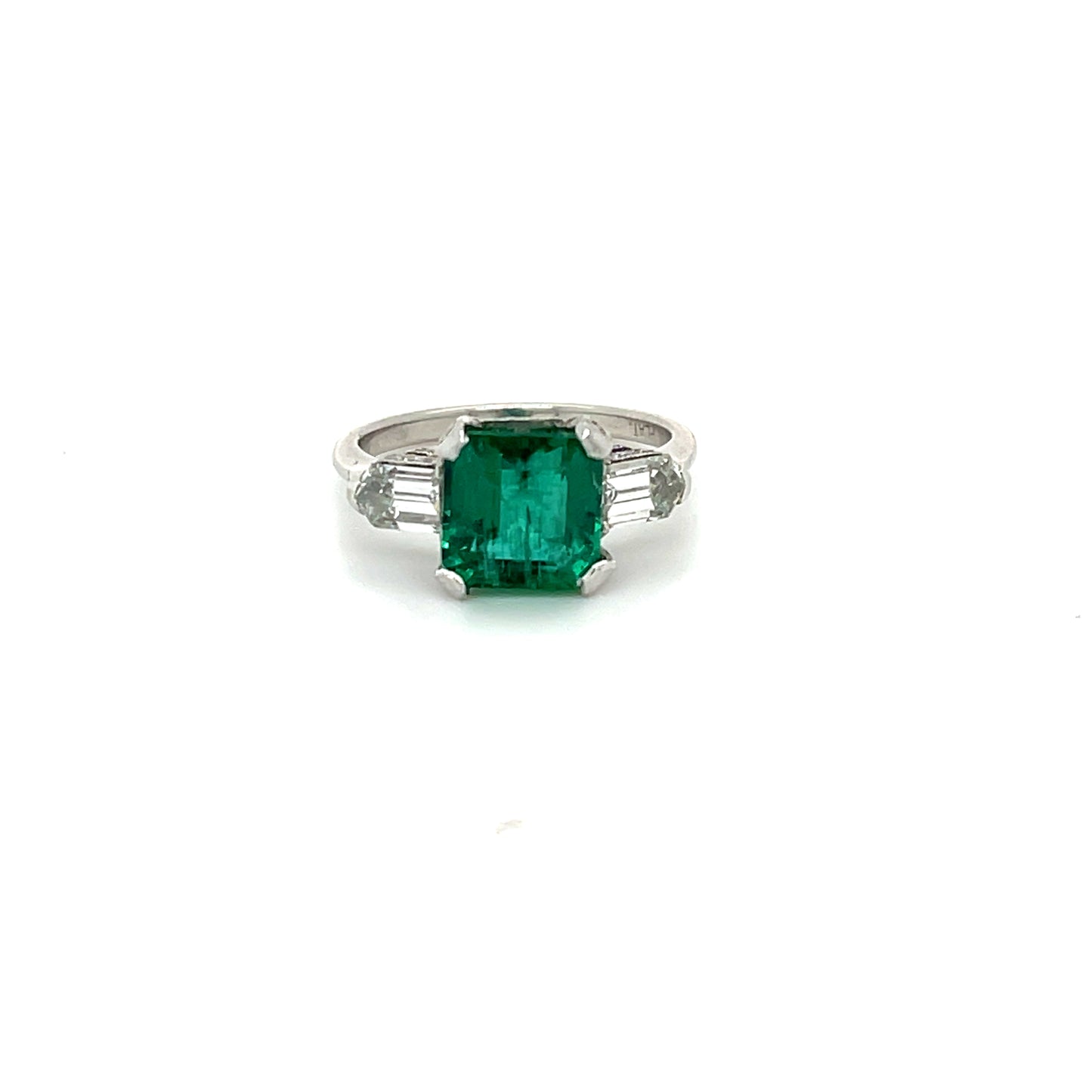 Art Deco 2.95ct Emerald Platinum Ring (Circa 1930s) .80ct Bullet Diamonds .34ct Side Diamonds