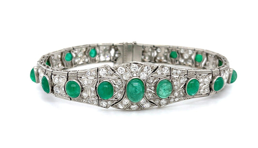 Art Deco 9ct Cabochon Emerald 4ct (110 Diamonds) PT Bracelet (Antique 1920s)