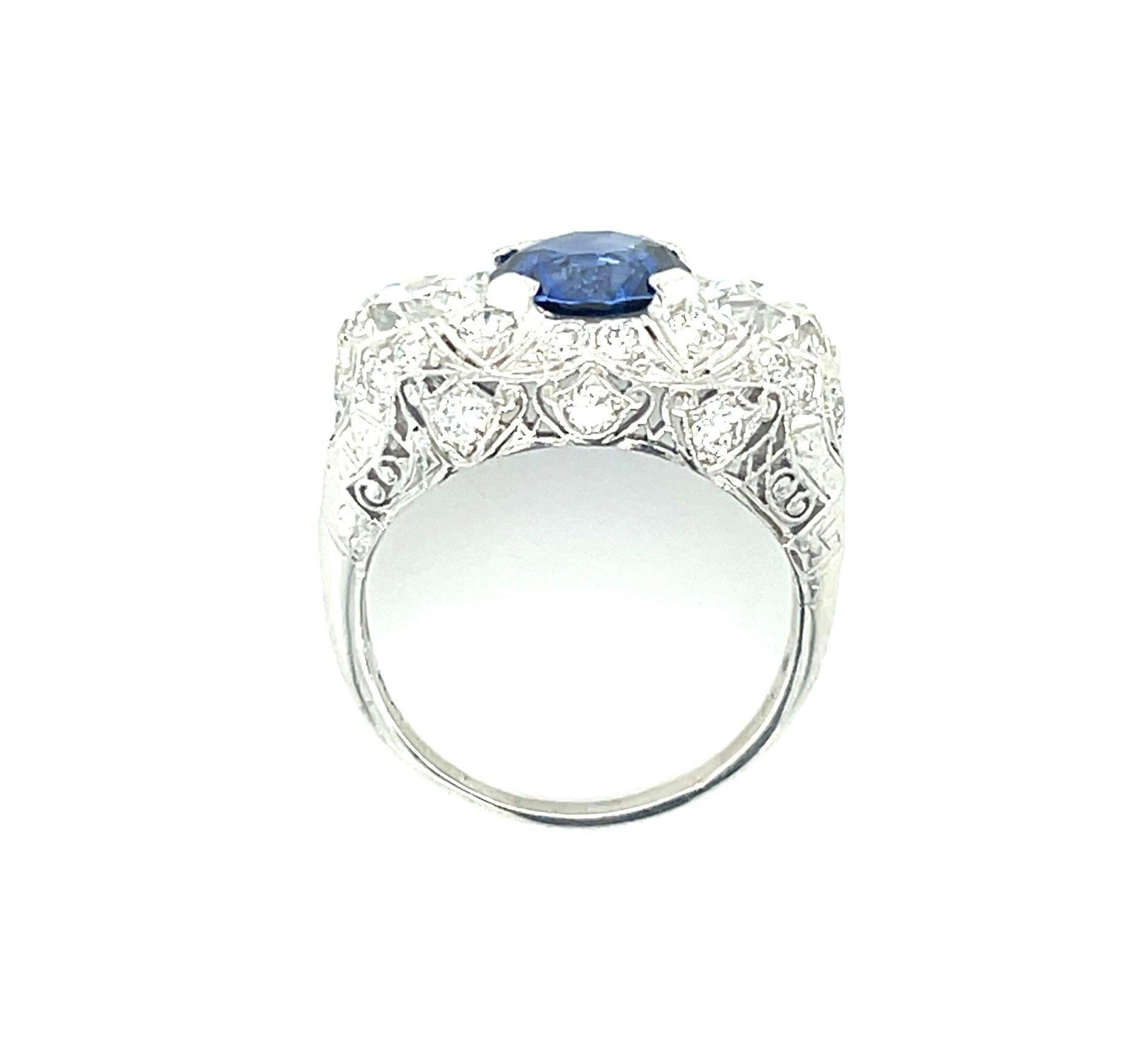 Art Deco 2.31ct Sapphire 1.80ct Old European Cut Diamonds .70ct SD PT Ring