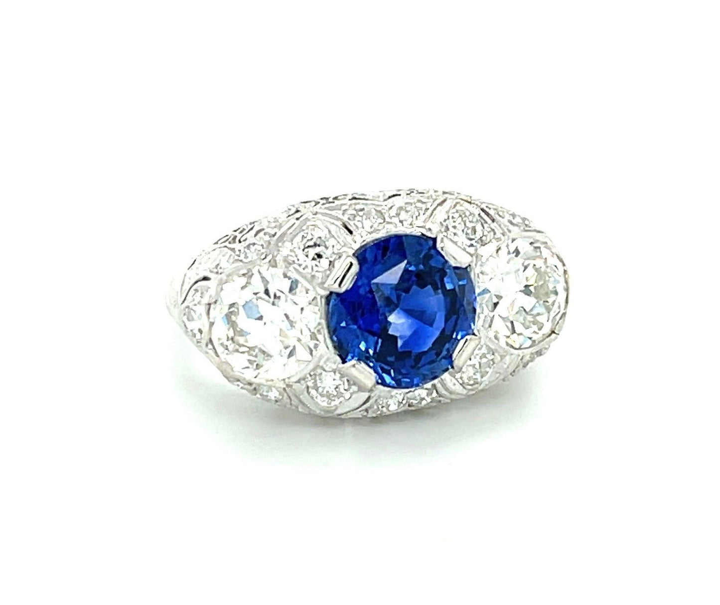 Art Deco 2.31ct Sapphire 1.80ct Old European Cut Diamonds .70ct SD PT Ring