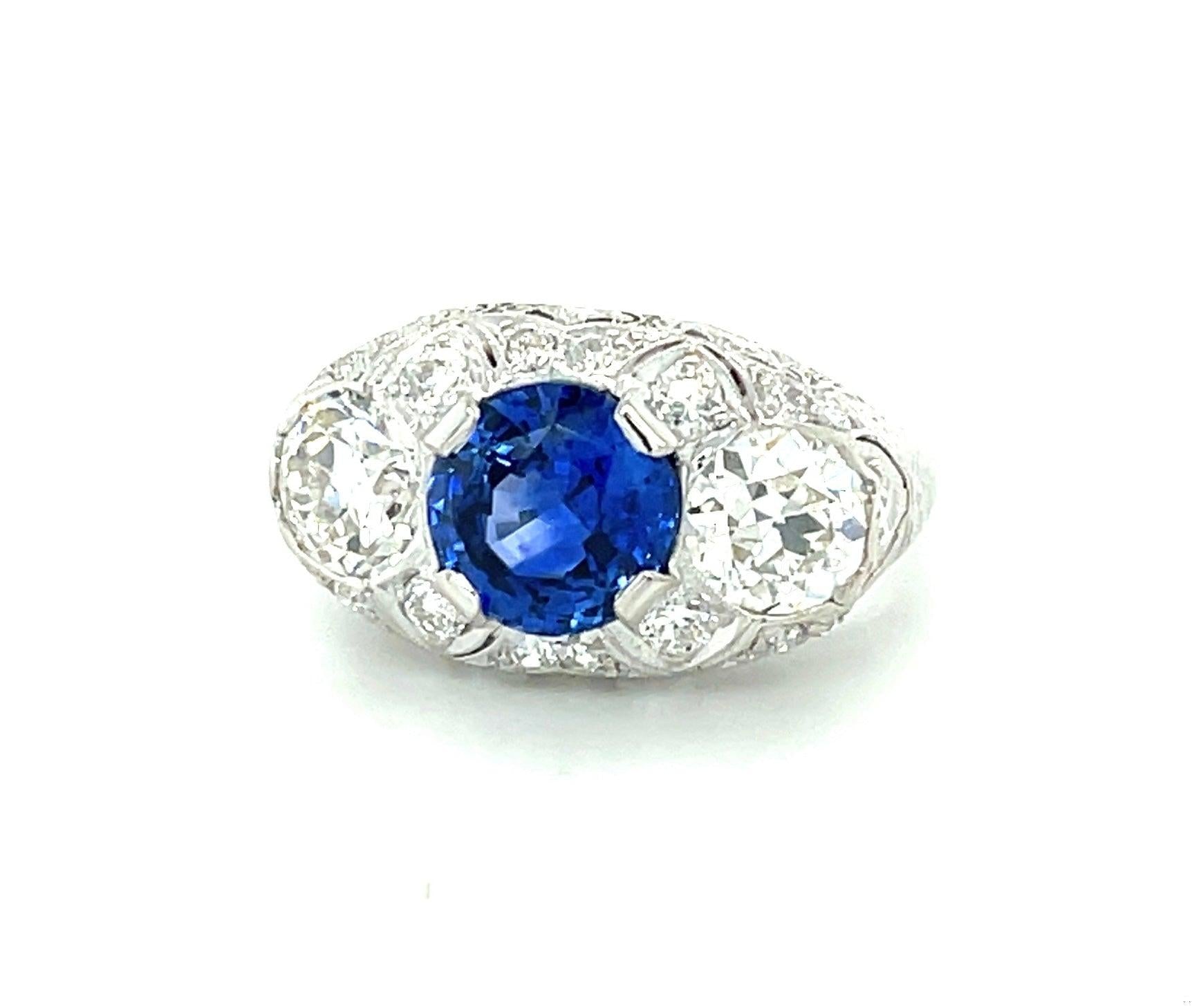 Art Deco 2.31ct Sapphire 1.80ct Old European Cut Diamonds .70ct SD PT Ring