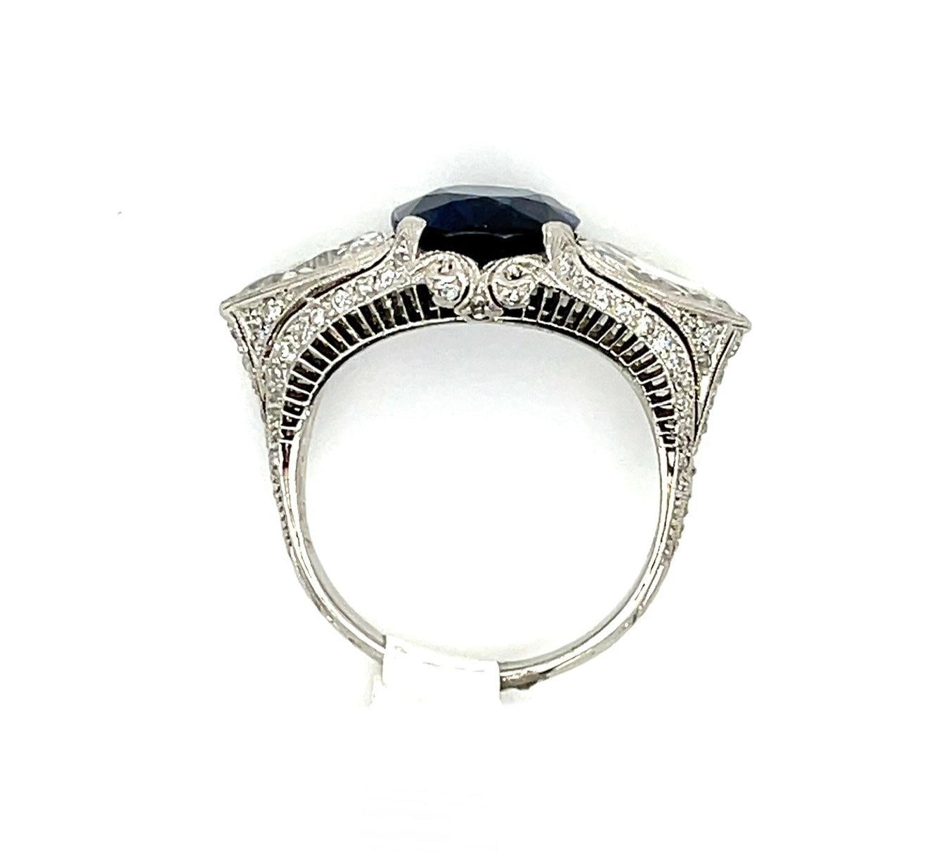 Art Deco 5.10ct Cambodian No Heat Sapphire PT Ring (1920s) 2.30ct Pear Diamonds