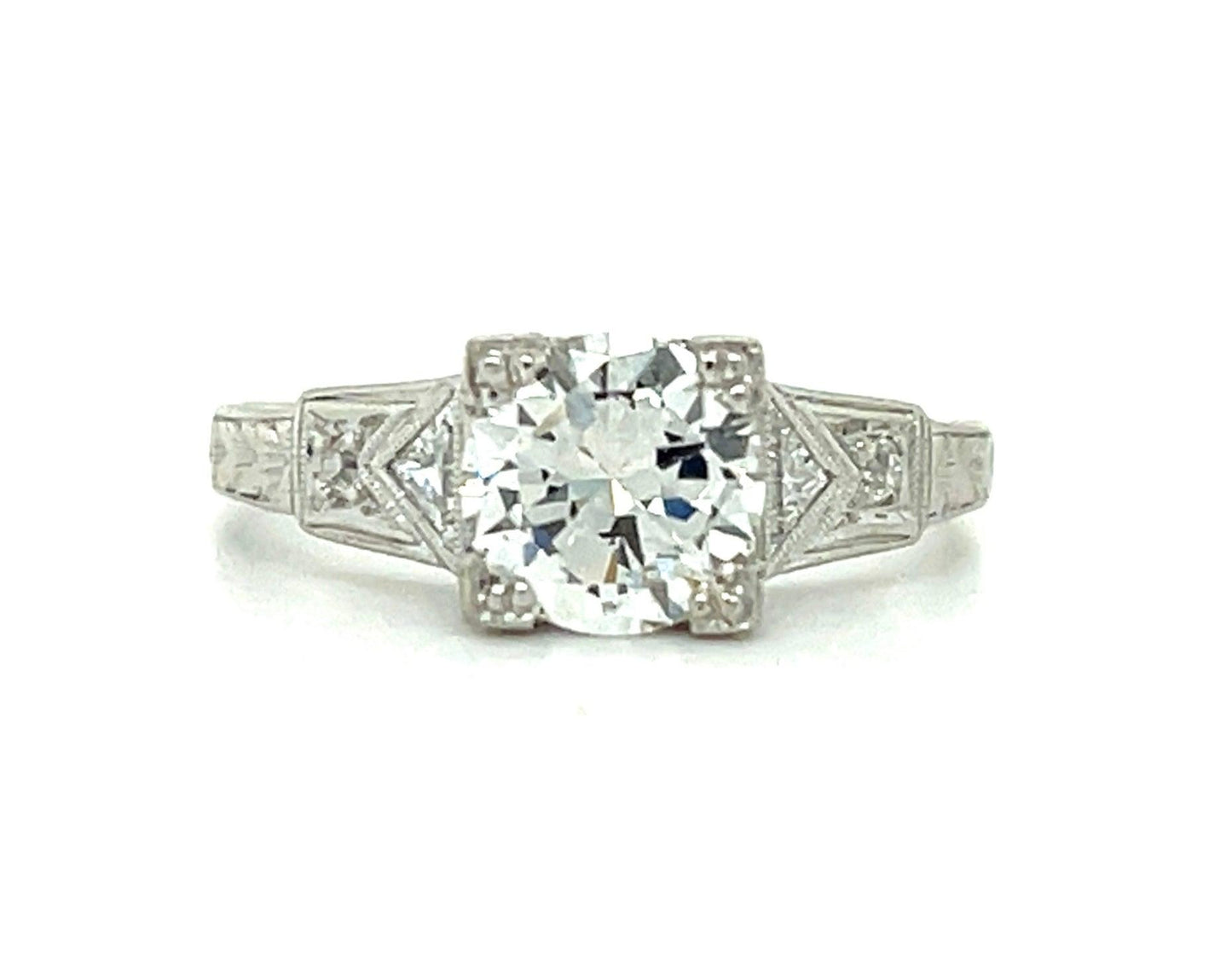 Art Deco .99ct GIA I SI2 Old European Cut Diamond .28ct SD Platinum Vintage Ring