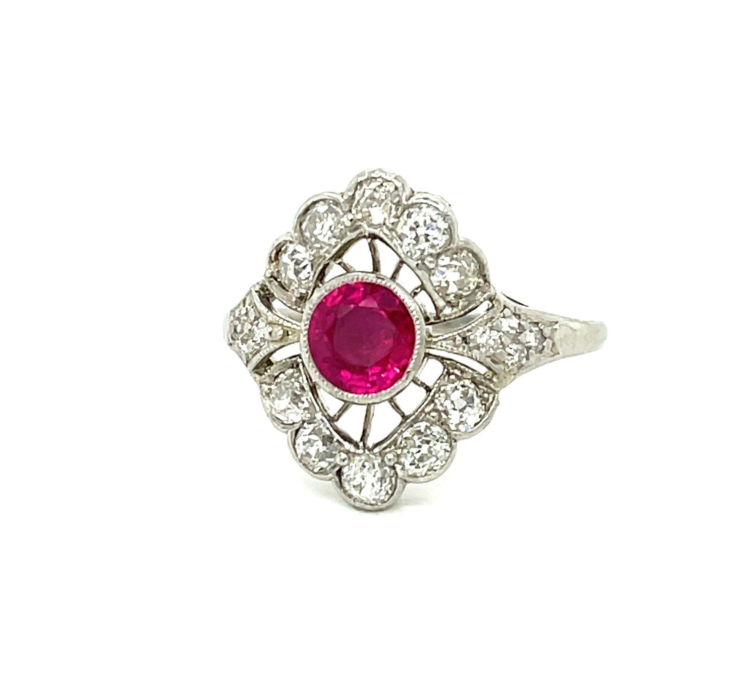 Art Deco (Circa 1920s) .92ct Burma Ruby 1.20ct Diamond Platinum Antique Ring