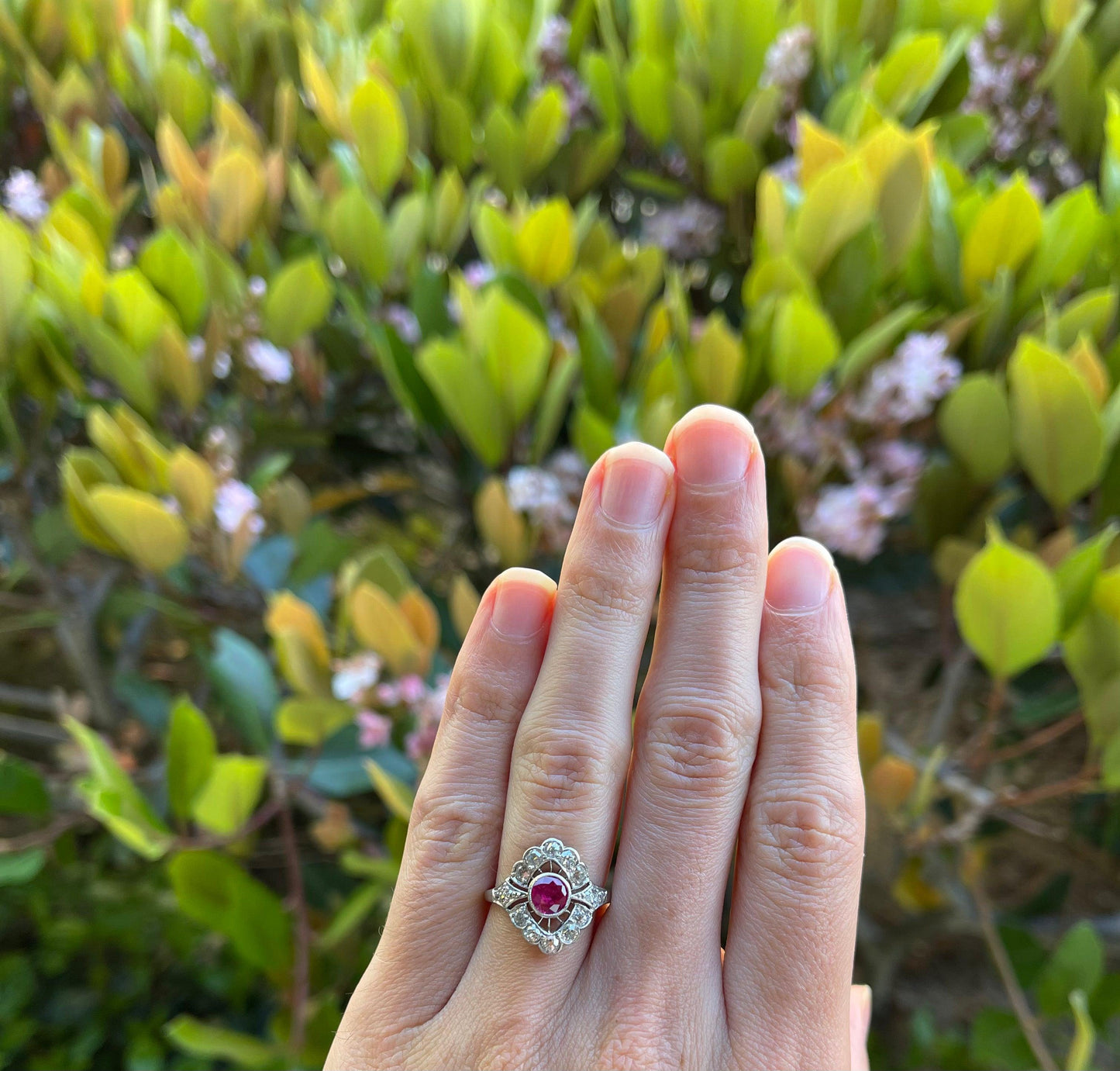 Art Deco (Circa 1920s) .92ct Burma Ruby 1.20ct Diamond Platinum Antique Ring