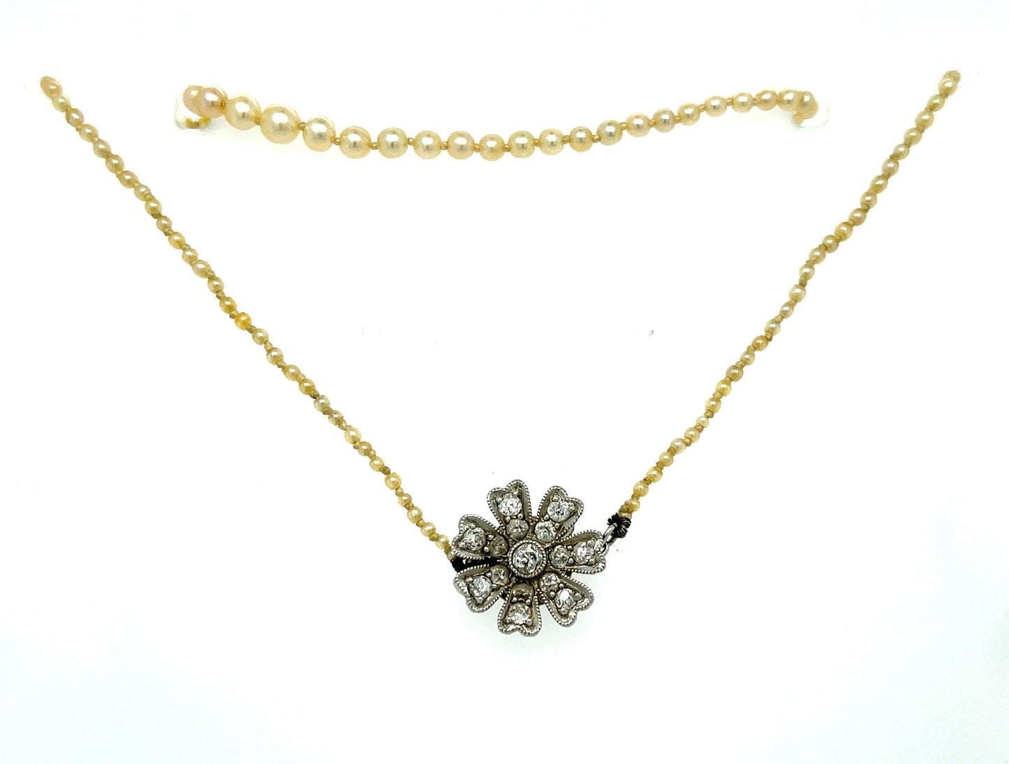 Art Deco (1920s) Natural Pearl & .50ct Old European Cut Diamond PT Necklace