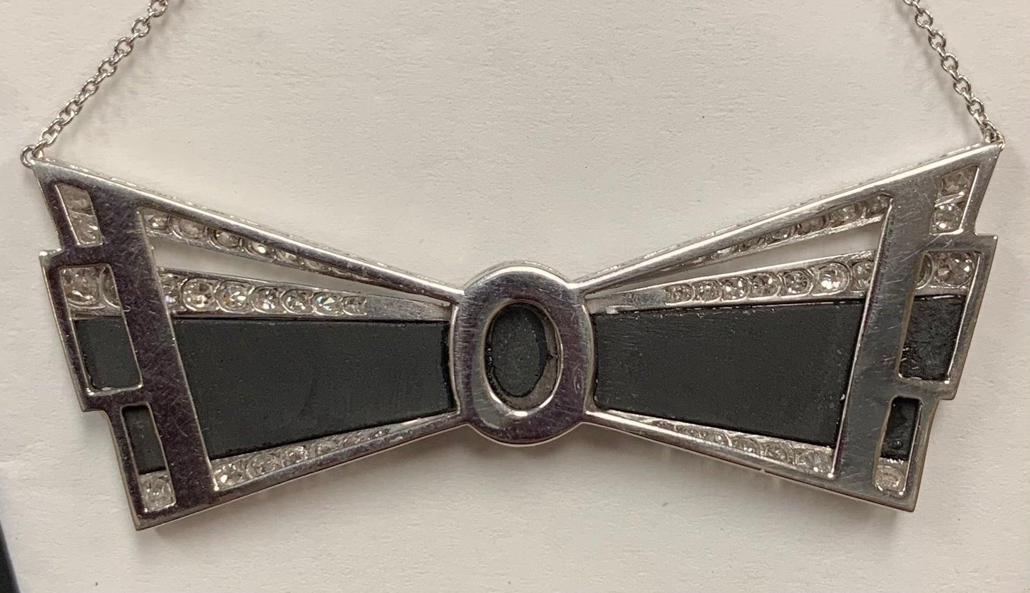 Art Deco (Circa 1920s) Antique Fancy Bowtie Pendant 1.35ct Dia Onyx