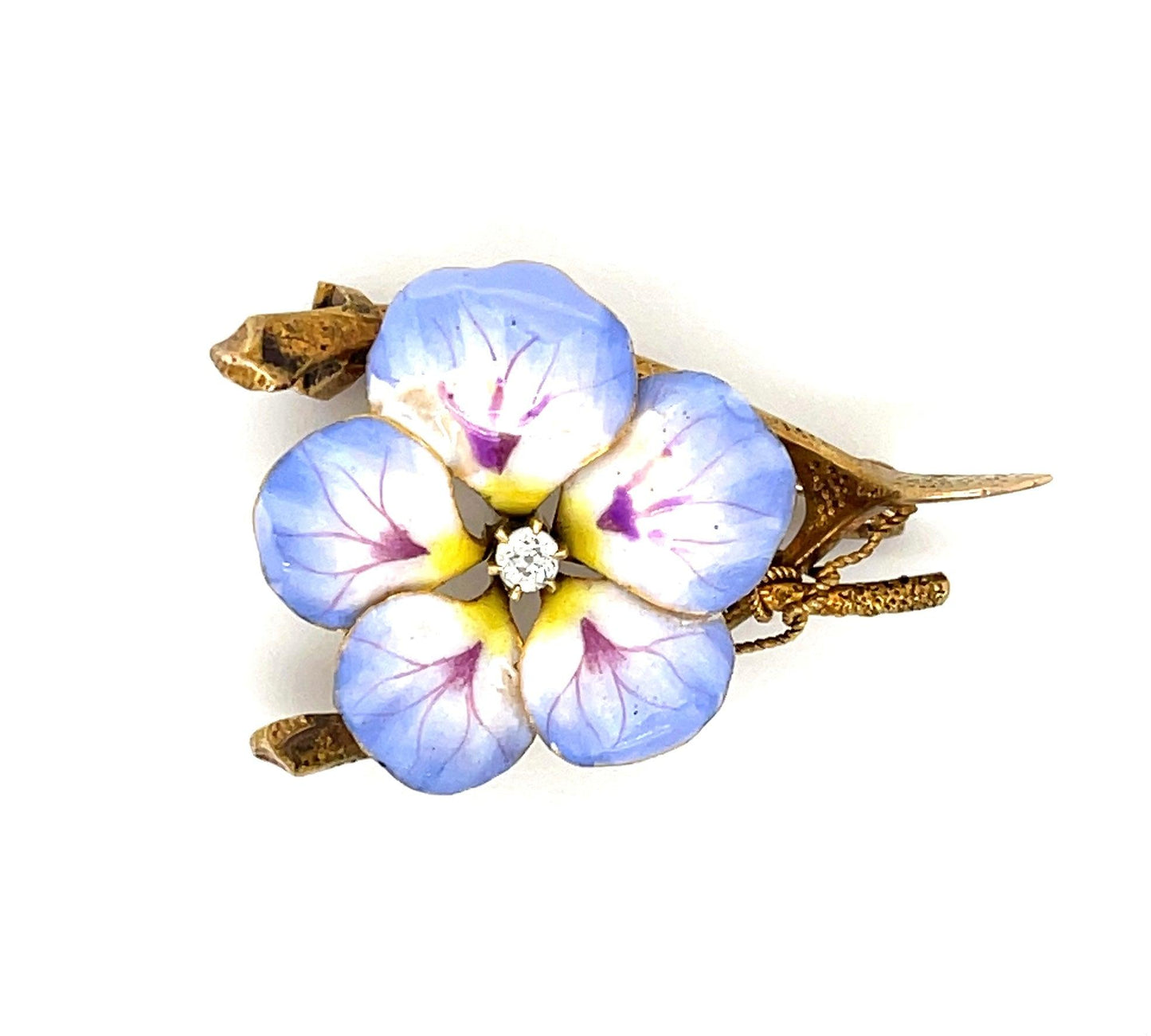 Art Nouveau (Circa 1915) 14KY Enamel and .10ct Diamond Antique Brooch