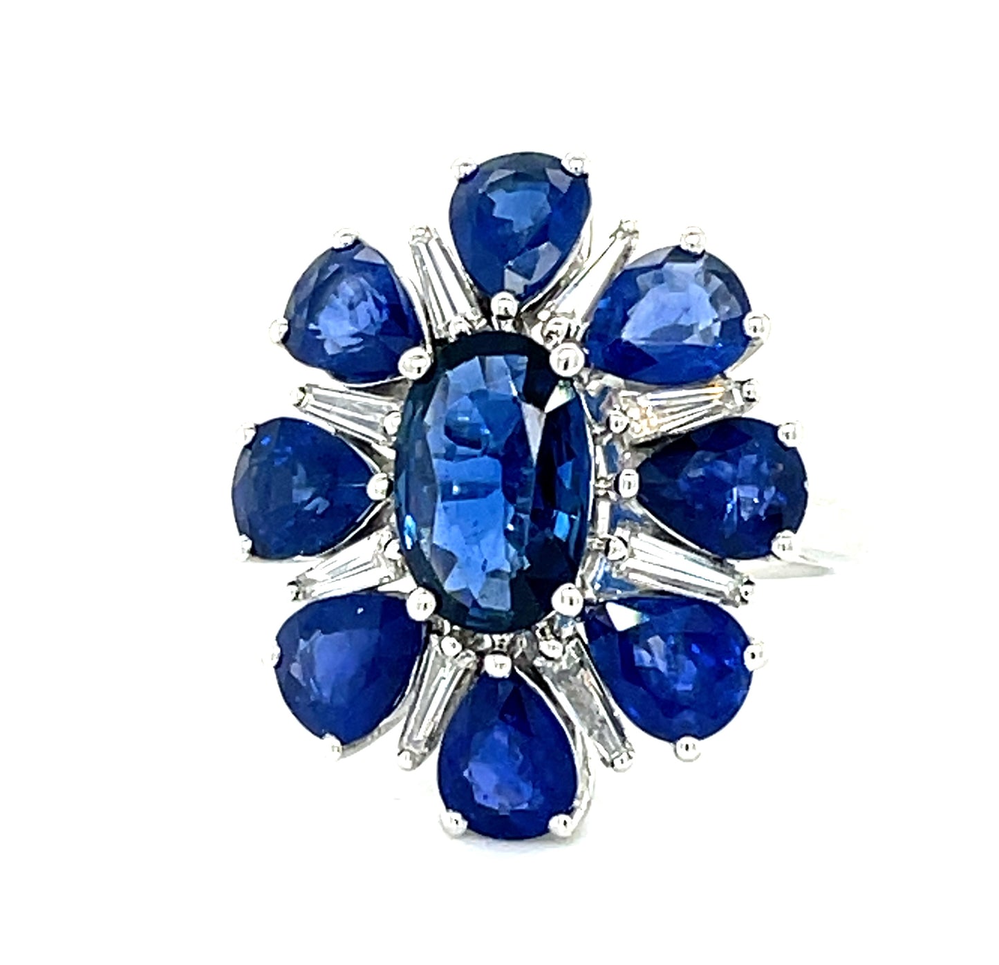 2.50ct Oval Sapphire Center 18KW Estate Handmade Ring 6ct Side Pear Shape Sapphires .68ct Baguette Diamonds