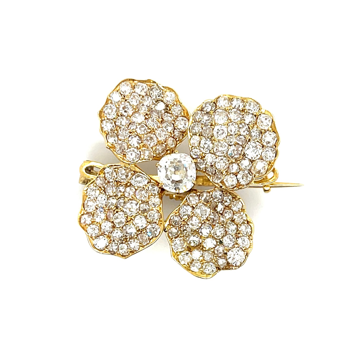 Victorian 1ct Old Mine Cut Center Diamond 14KY Antique Four Leaf Clover Brooch (Circa 1880s) 5ct Side Diamonds