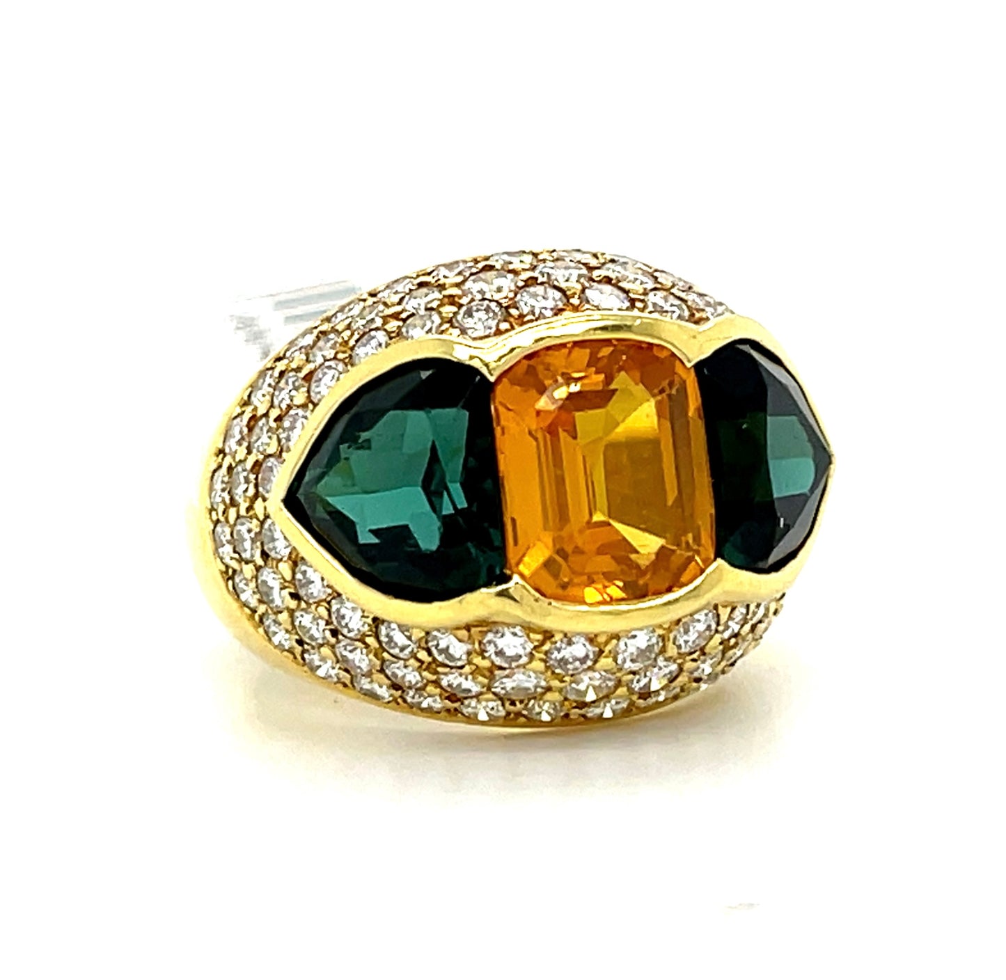 Three Stone Ring 4.50ct GIA Orangy Yellow Cushion Sapphire 7ct Green Tourmaline 2.70ct Diamond