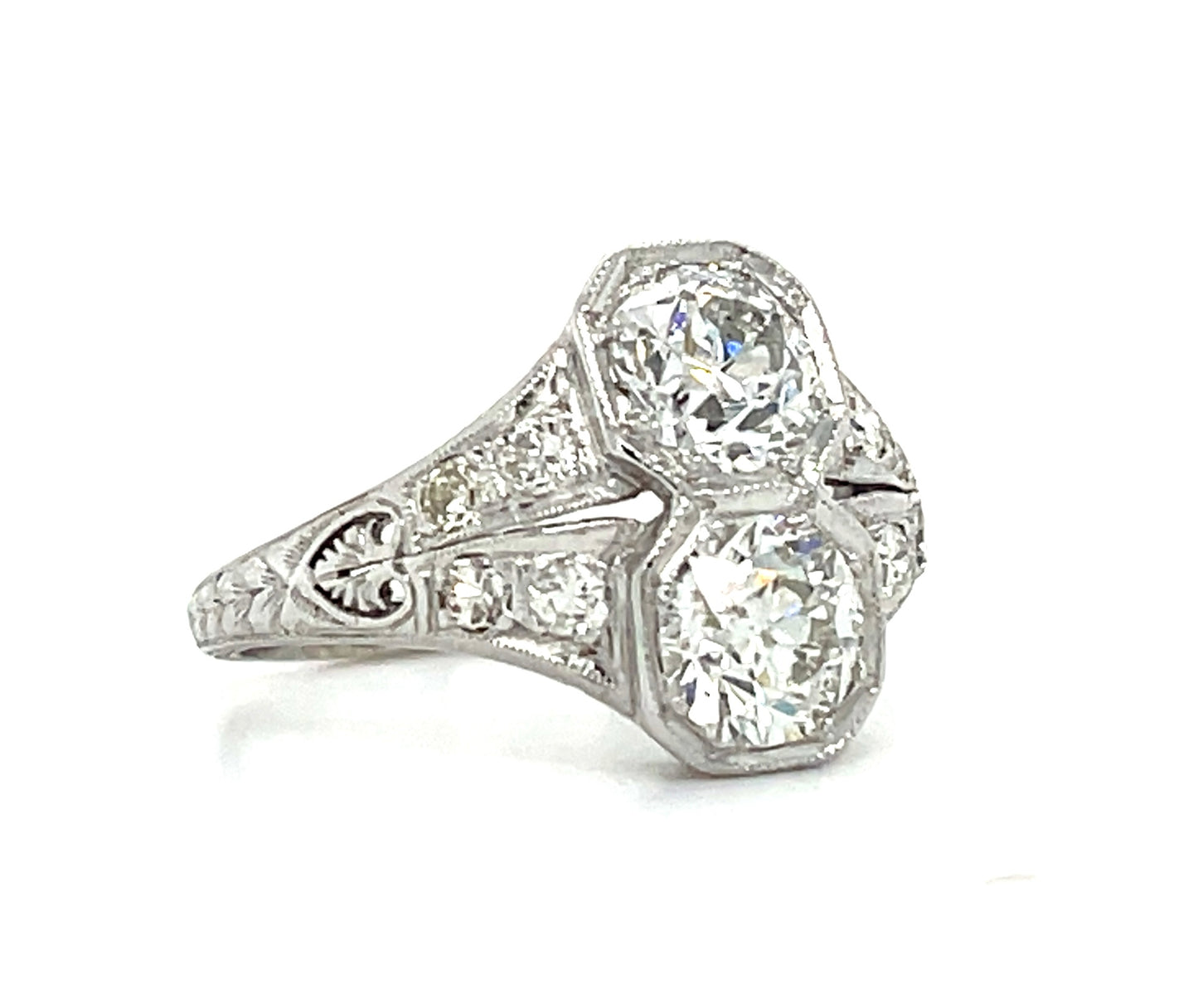Art Deco 1.40ct Old European Cut Diamonds Platinum Antique Two Stone Ring (Circa 1920s)