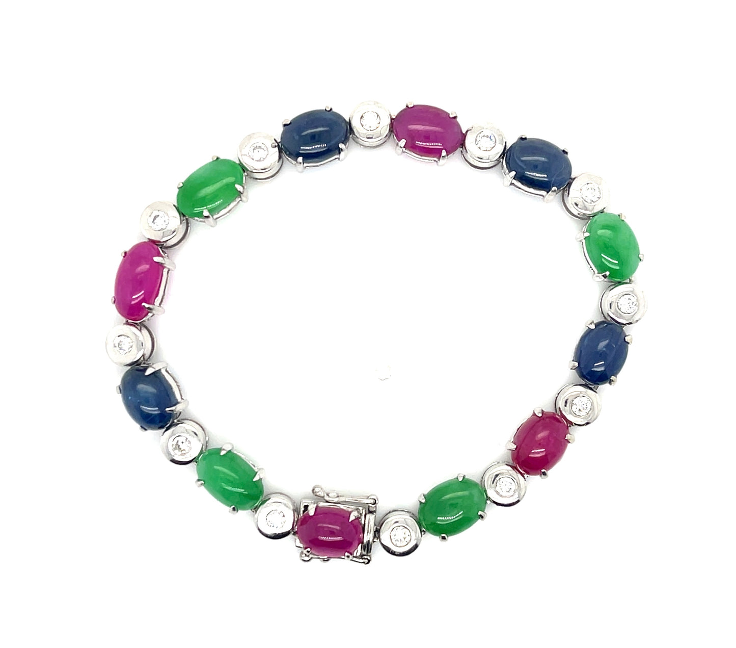 Cabochon Gemstone 18KW Vintage Bracelet (Circa 1960s) 12ct Ruby 12ct Sapphire 9ct Jade .76ct Diamond