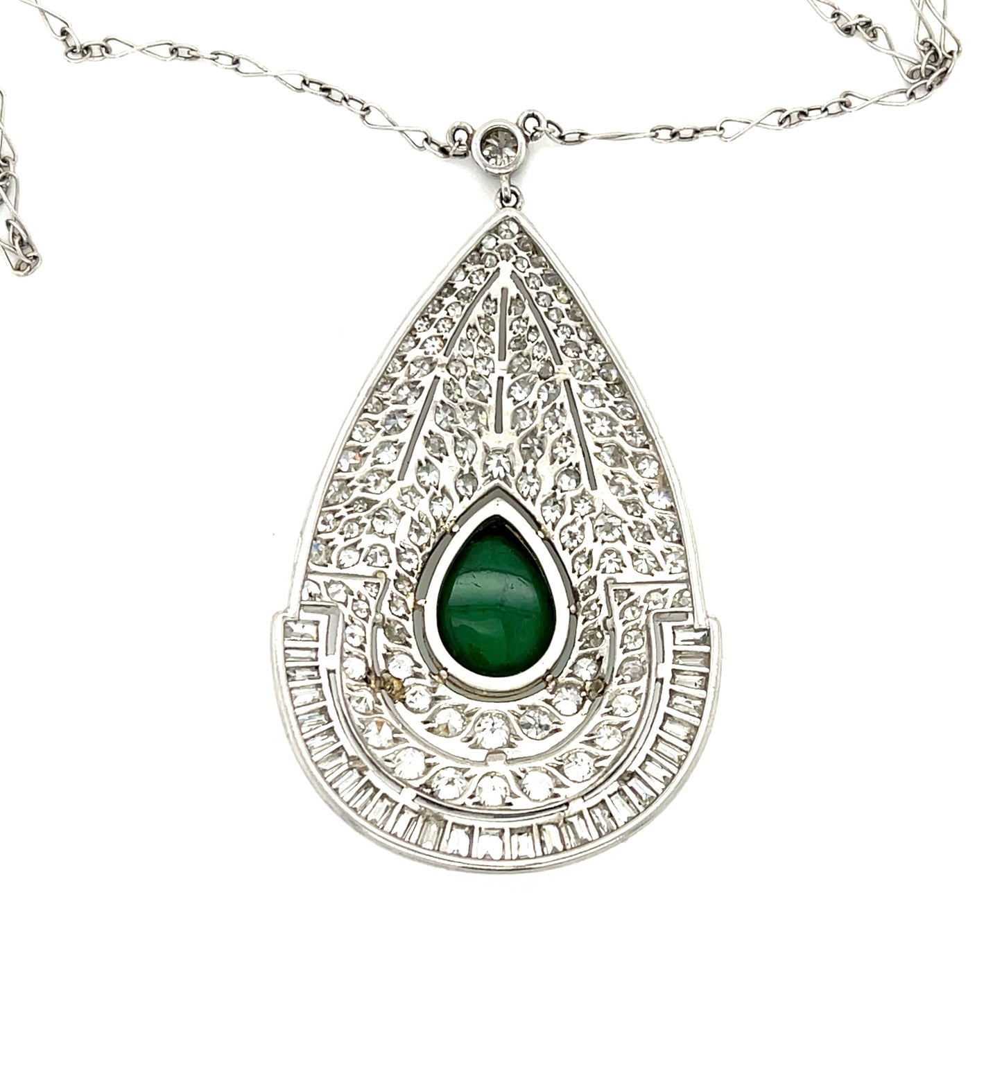 Art Deco (Circa 1930s) 2.75ct Cabochon Emerald Vintage Platinum Pendant 4.50ct Baguette, Single Cut and Old European Cut Diamonds