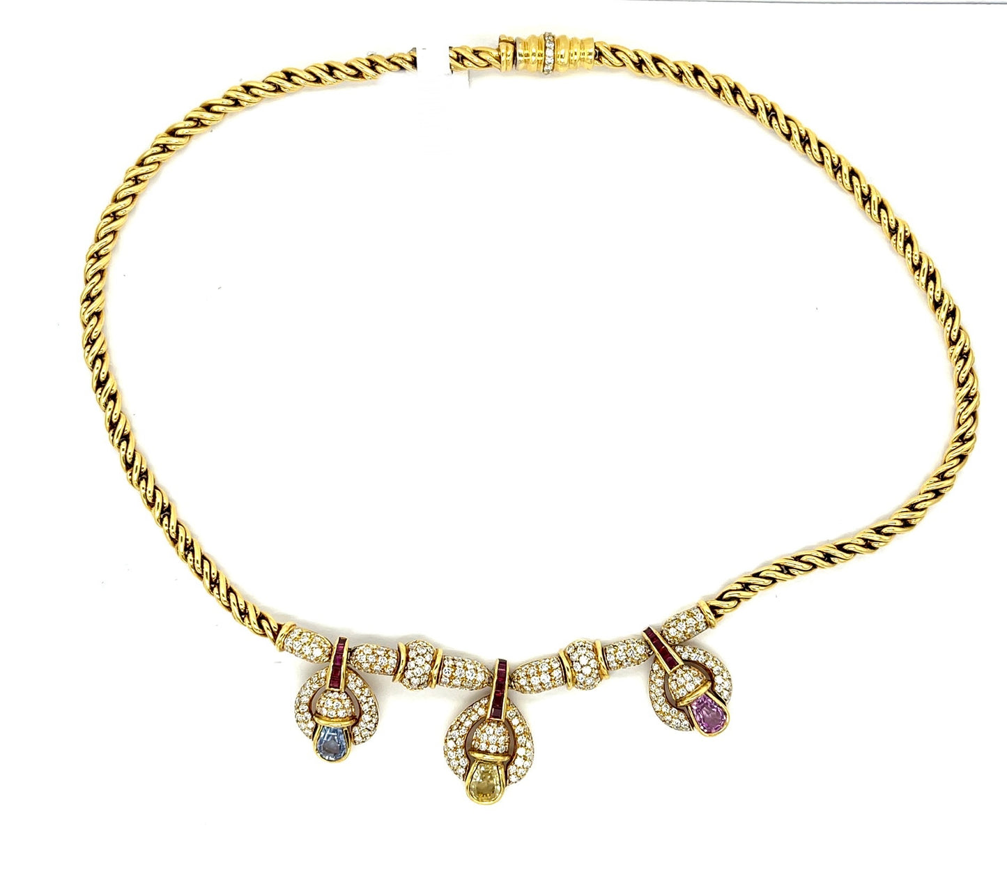 4.74ct Diamond, .60ct Ruby and 4ct Sapphire 18KY Necklace