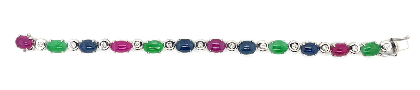 Cabochon Gemstone 18KW Vintage Bracelet (Circa 1960s) 12ct Ruby 12ct Sapphire 9ct Jade .76ct Diamond