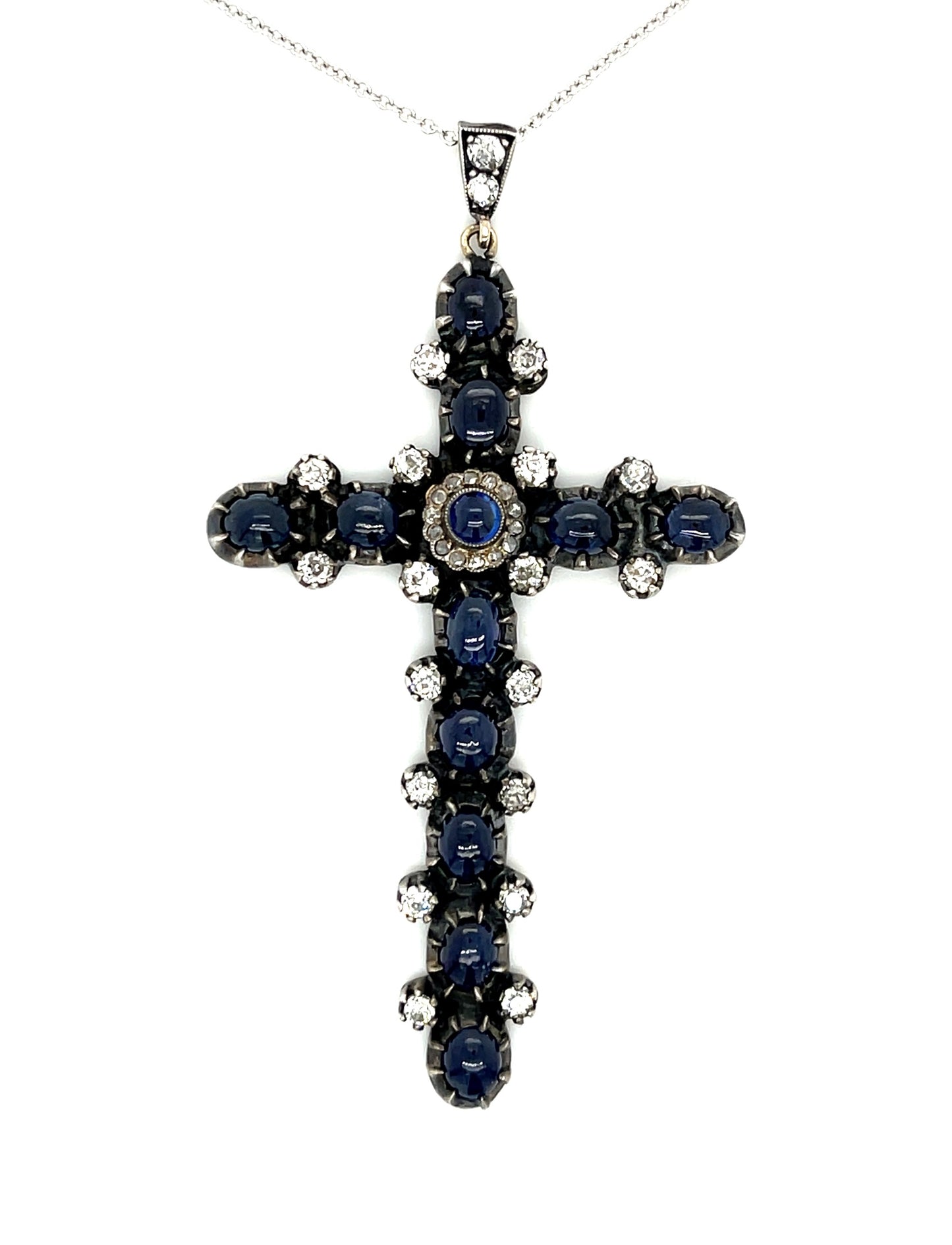 6.75ct Cabochon Sapphire Silver & 18KY Handmade Cross/Pendant 2.25ct Diamonds