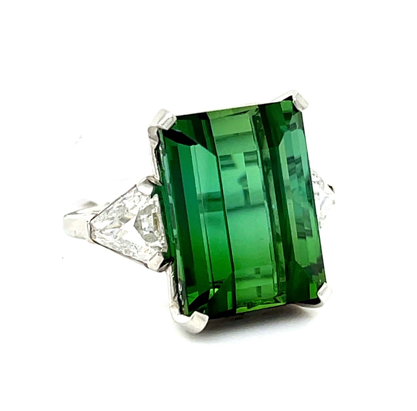 29.52ct Green Emerald Cut Tourmaline Platinum Ring 1.90ct Diamonds