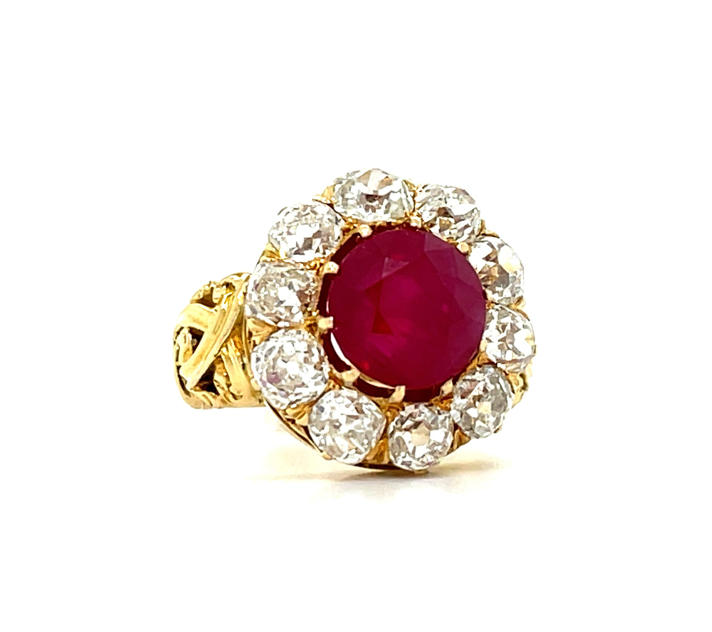 Victorian Era 2.99ct Ruby GIA Burma Heated 18KY Antique Ring (Circa 1880s) 2ct Old Mine Cut Diamonds