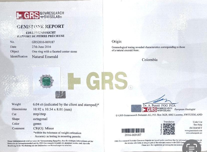 Colombian 6.04ct GRS Cert Minor Oil Emerald 2.20ct Diamond Platinum Ring