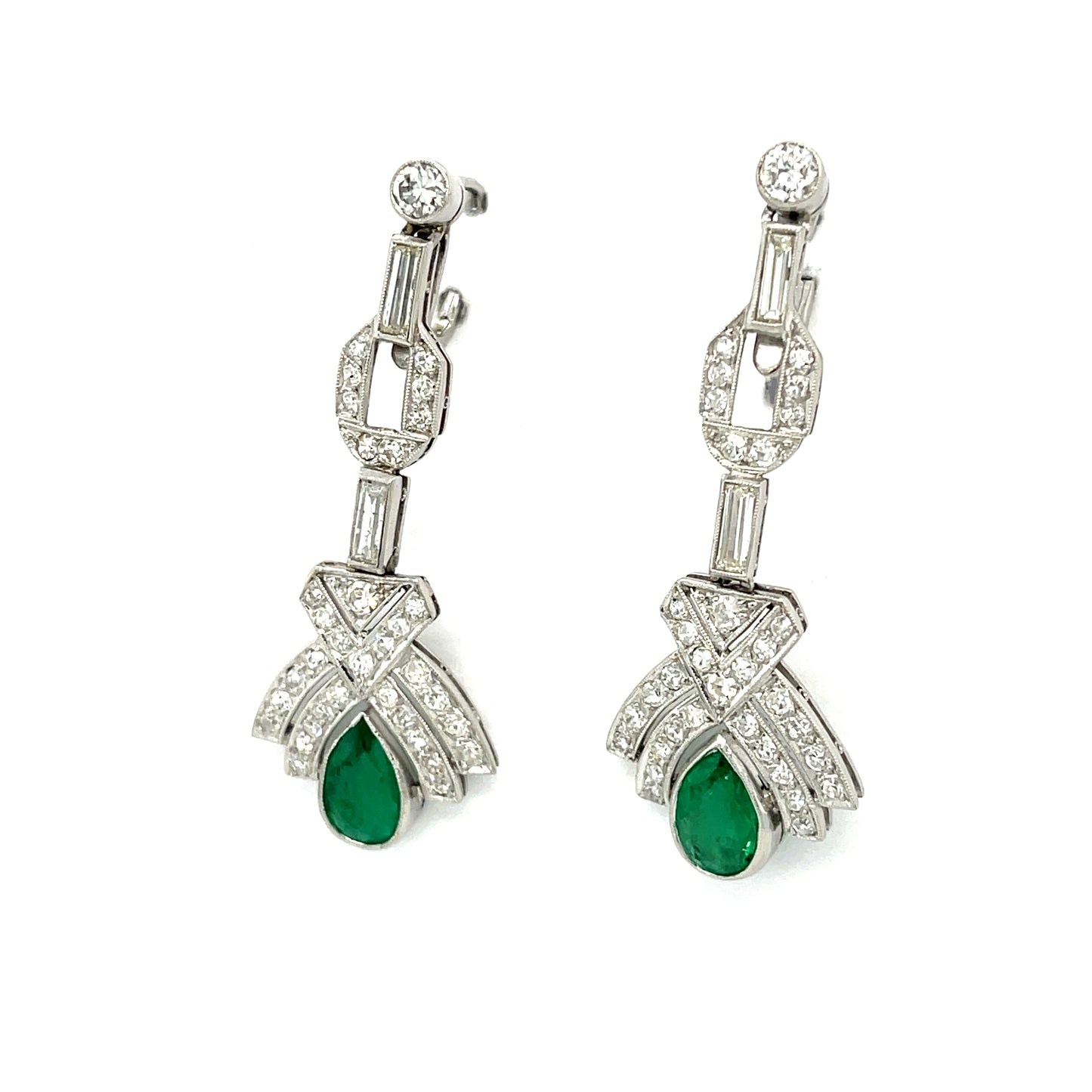Art Deco (Circa 1930s) 3ct Pear Shaped Emeralds Vintage Platinum Earrings 4ct Diamonds