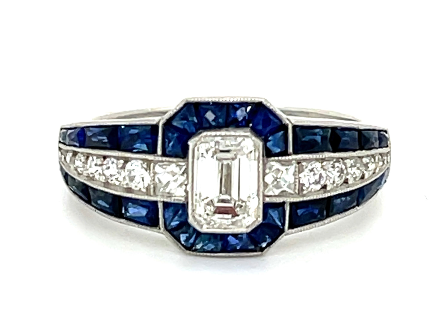 .70ct Emerald Cut Center Diamond Handmade & Inspired PT Ring 1.50ct French-cut Sapphires .25ct SD