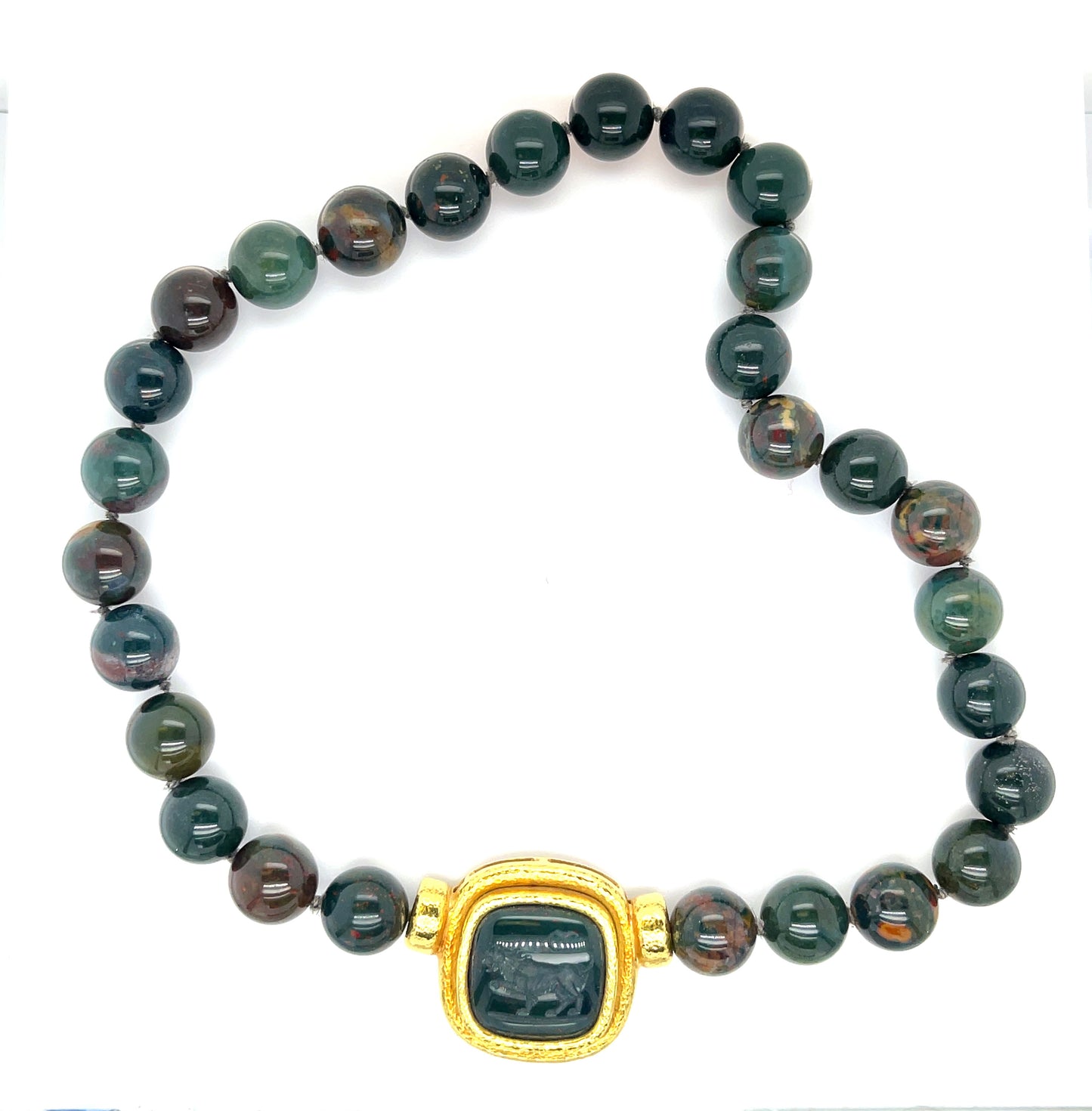 Elizabeth Locke Bloodstone & Carved Lion Intaglio 18KY Bead Necklace