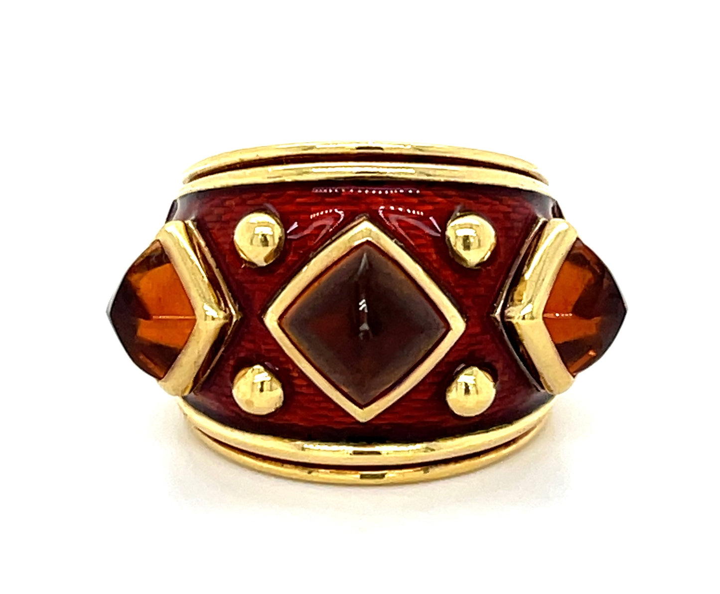 Cabochon Citrine and Enamel 18KY Estate Ring Signed "Amir Shaker" "(ch)"